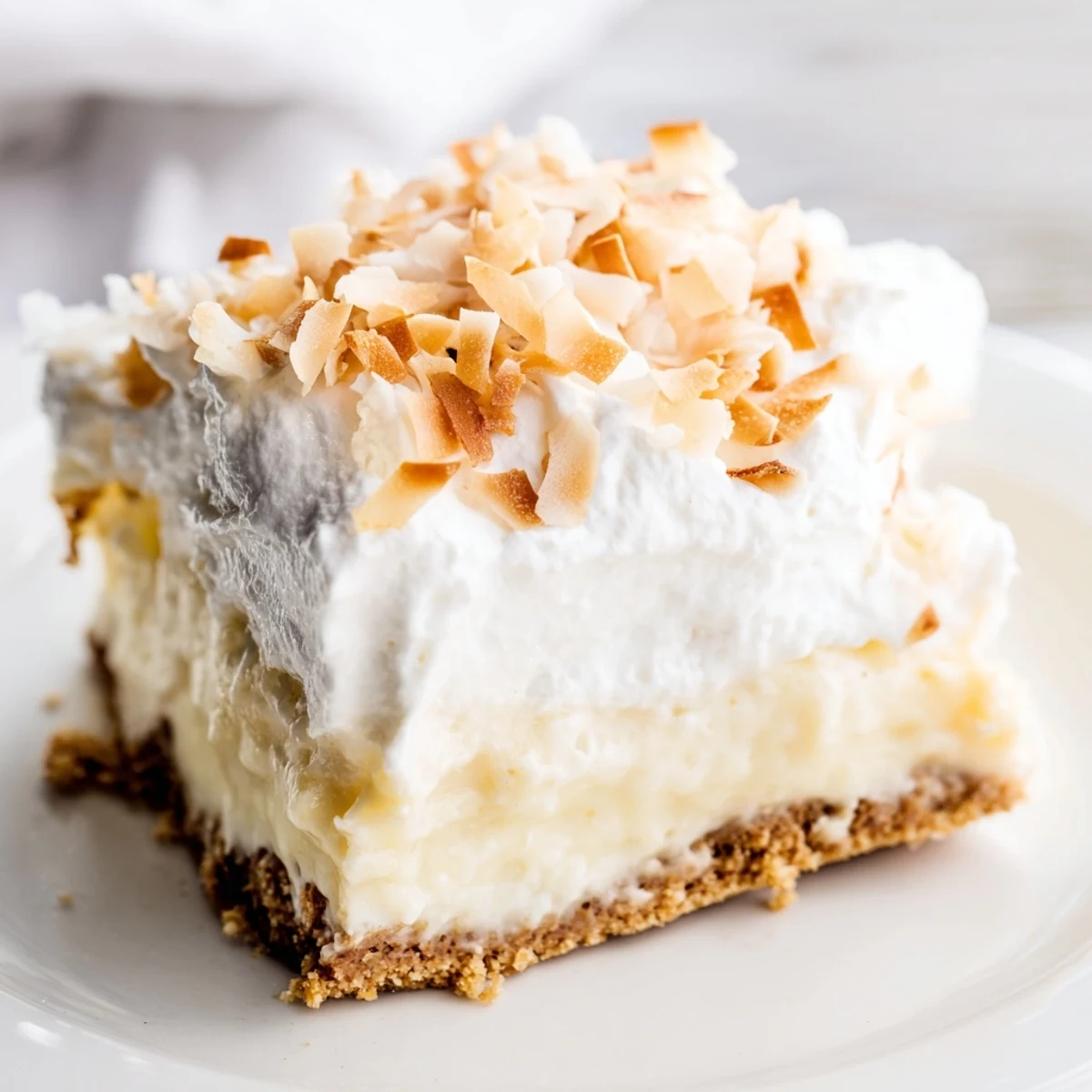 A close-up of Coconut Cream Dream Bars with a golden graham cracker crust, fluffy whipped topping, and toasted coconut flakes.