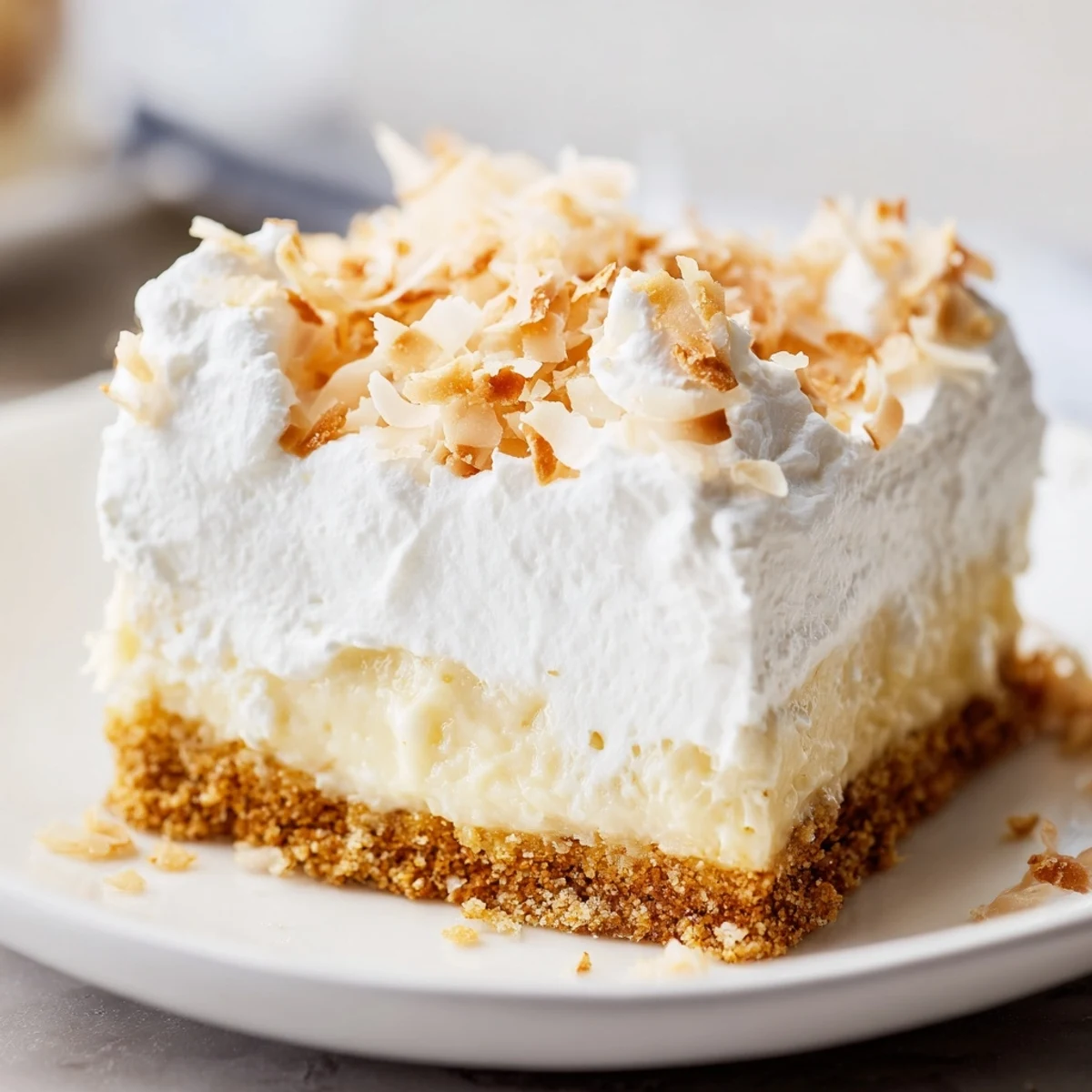 These chilled Coconut Cream Dream Bars are cut into squares on a plate, showing the creamy white coconut filling layers.