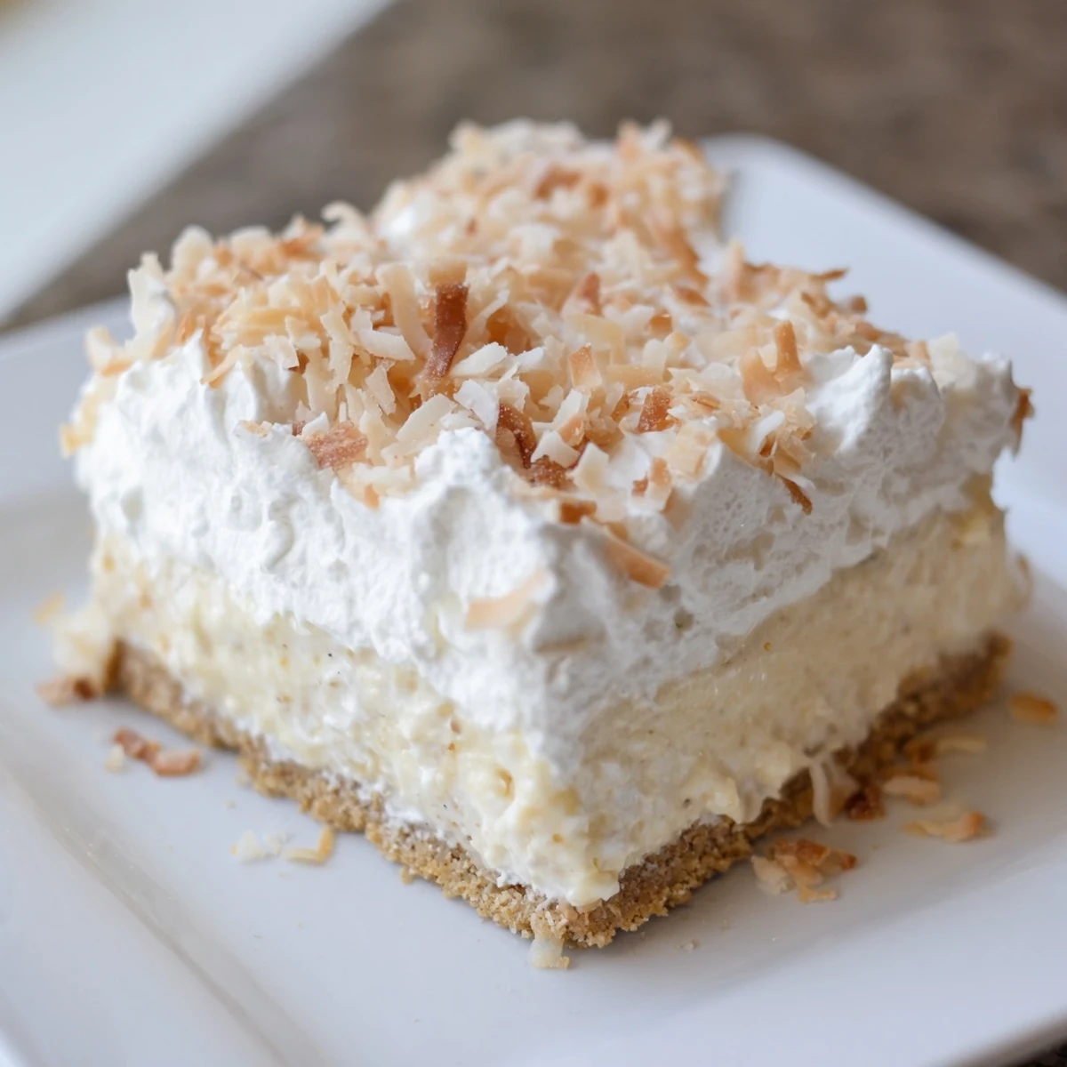 Perfect for serving, this pan of Coconut Cream Dream Bars has a dusting of toasted coconut and a slice removed.