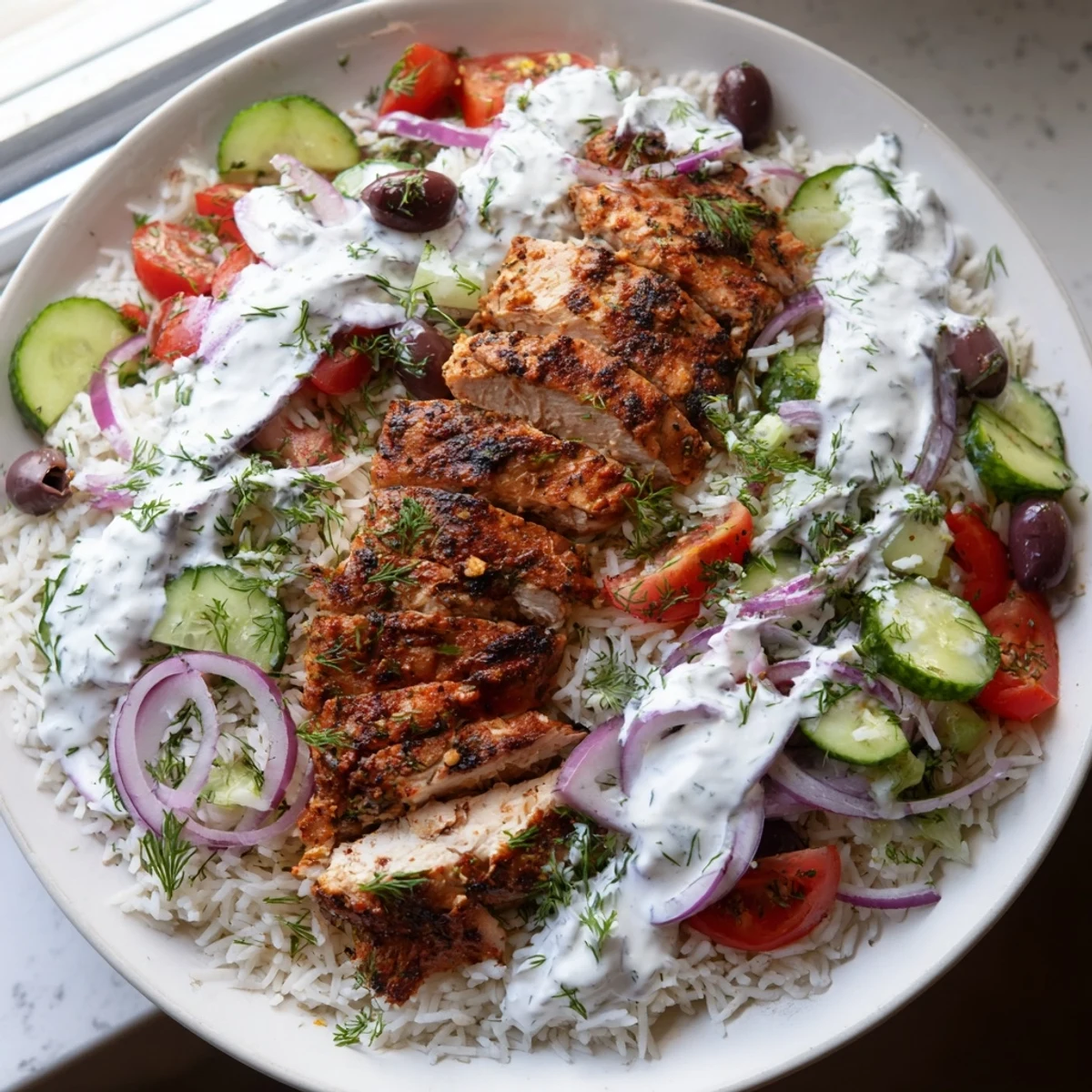 Greek Chicken Bowls served with sliced olives and crumbled feta cheese over rice, garnished with fresh parsley and dill.