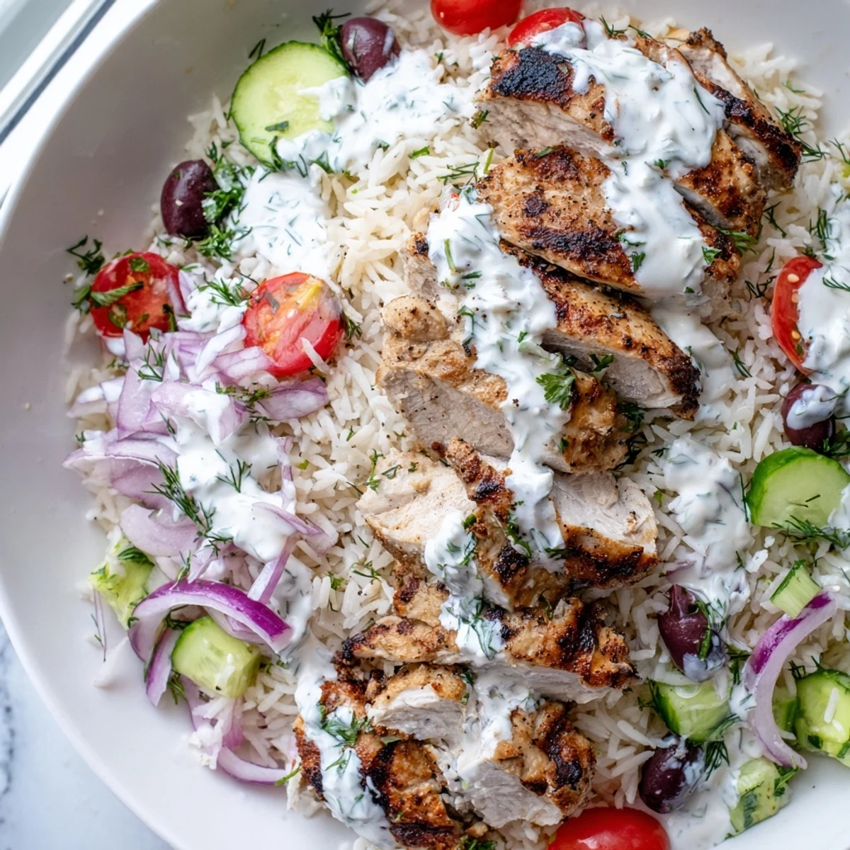 Freshly grilled Greek Chicken Bowls topped with diced cucumbers, cherry tomatoes, and creamy tzatziki sauce on fluffy herbed rice.