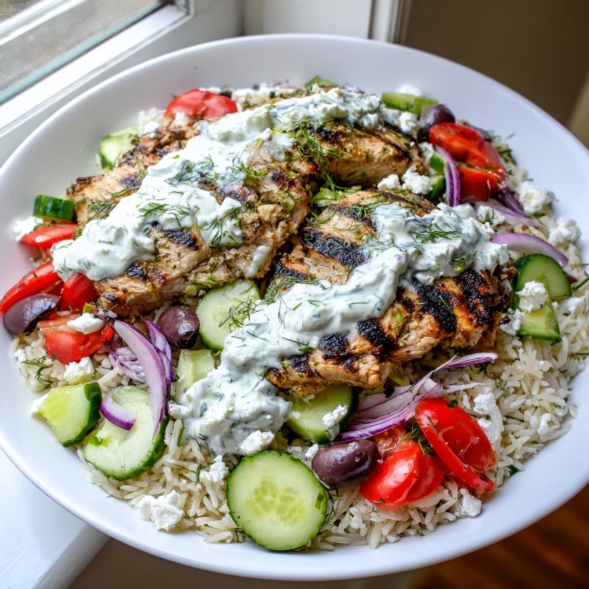 A vibrant bowl of Greek Chicken Bowls featuring tender marinated chicken, fresh vegetables, and tangy tzatziki ready to eat.