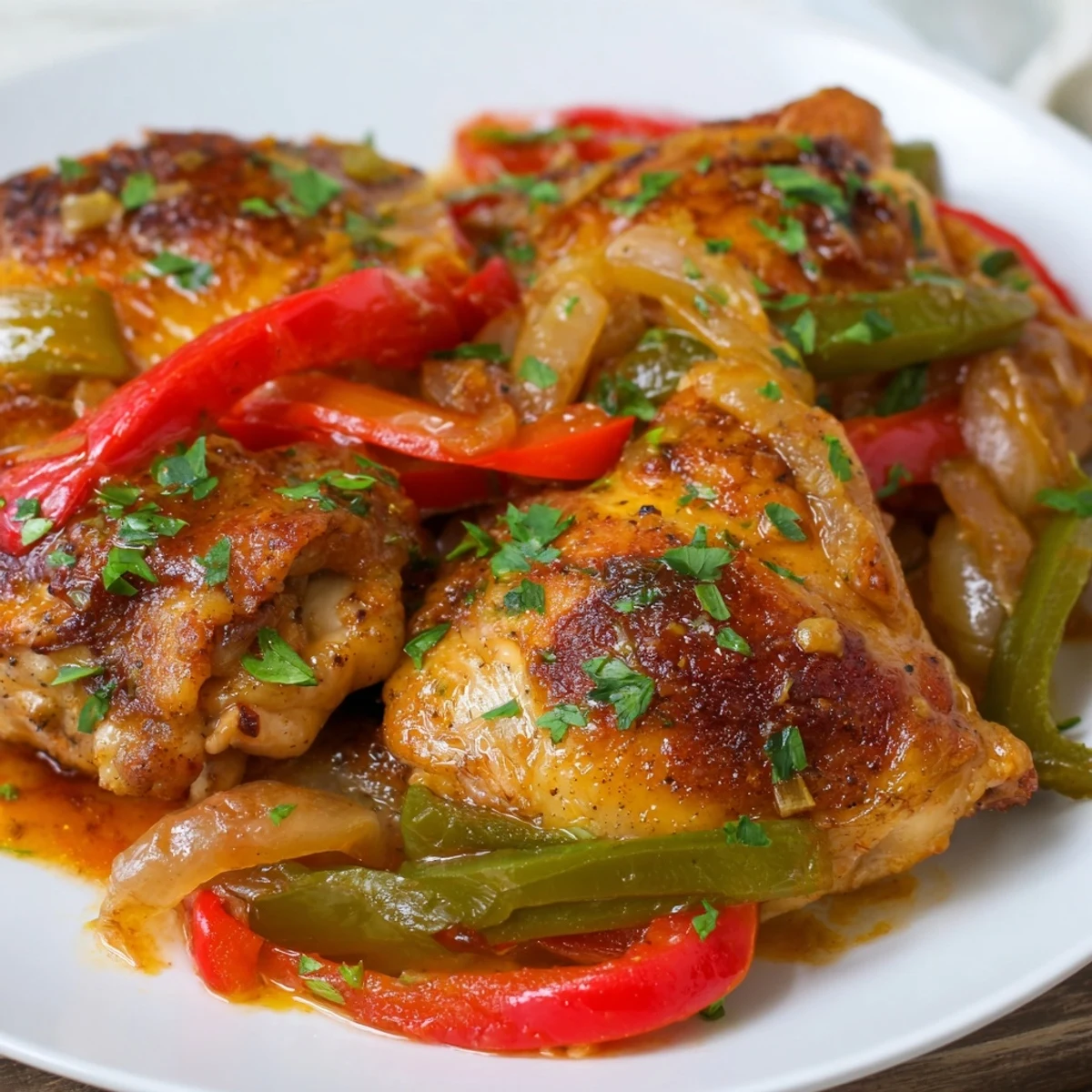 Golden-brown Braised Catalina Chicken thighs with peppers and onions in a glossy red sauce.