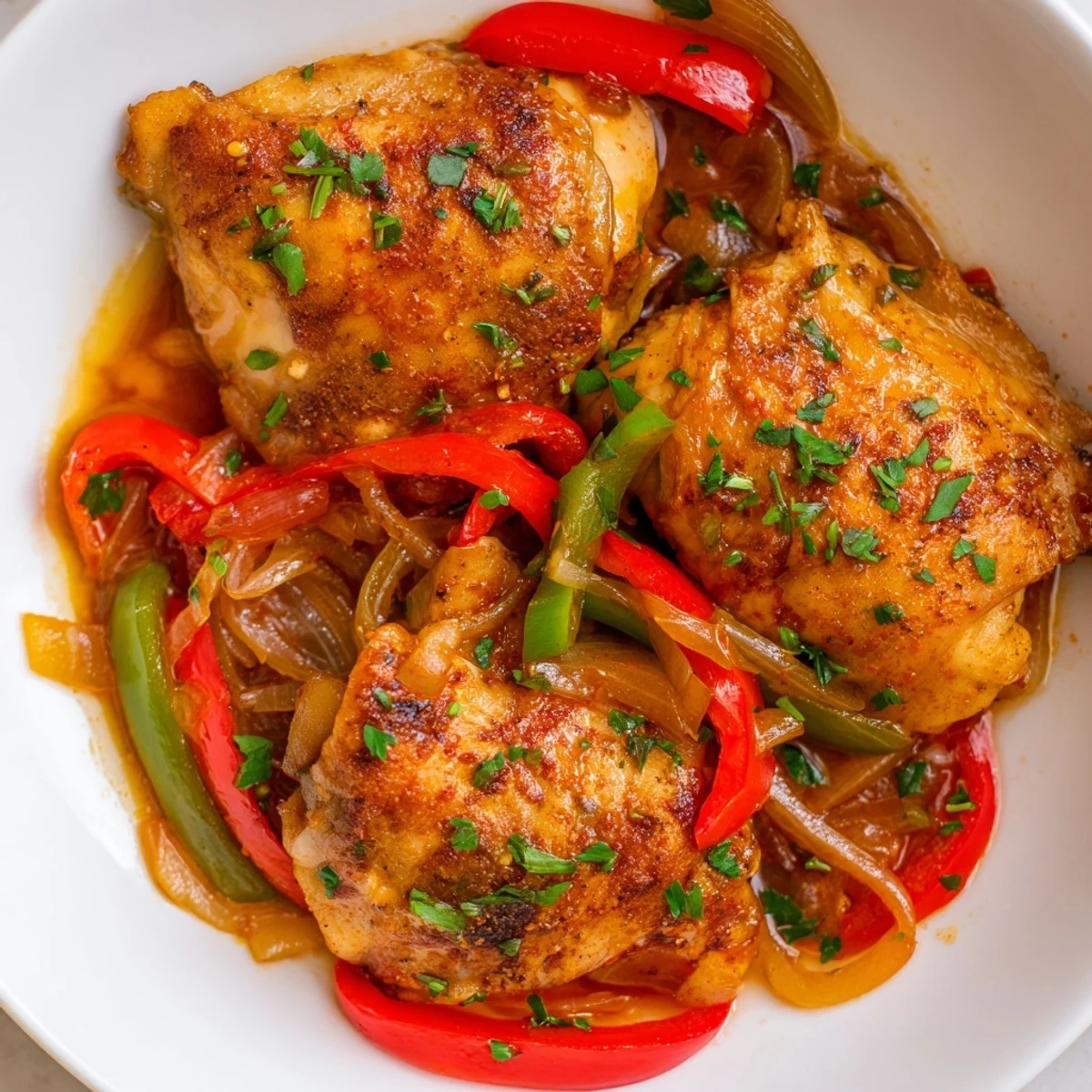 Sizzling Braised Catalina Chicken just out of the oven, topped with colorful peppers and onions.