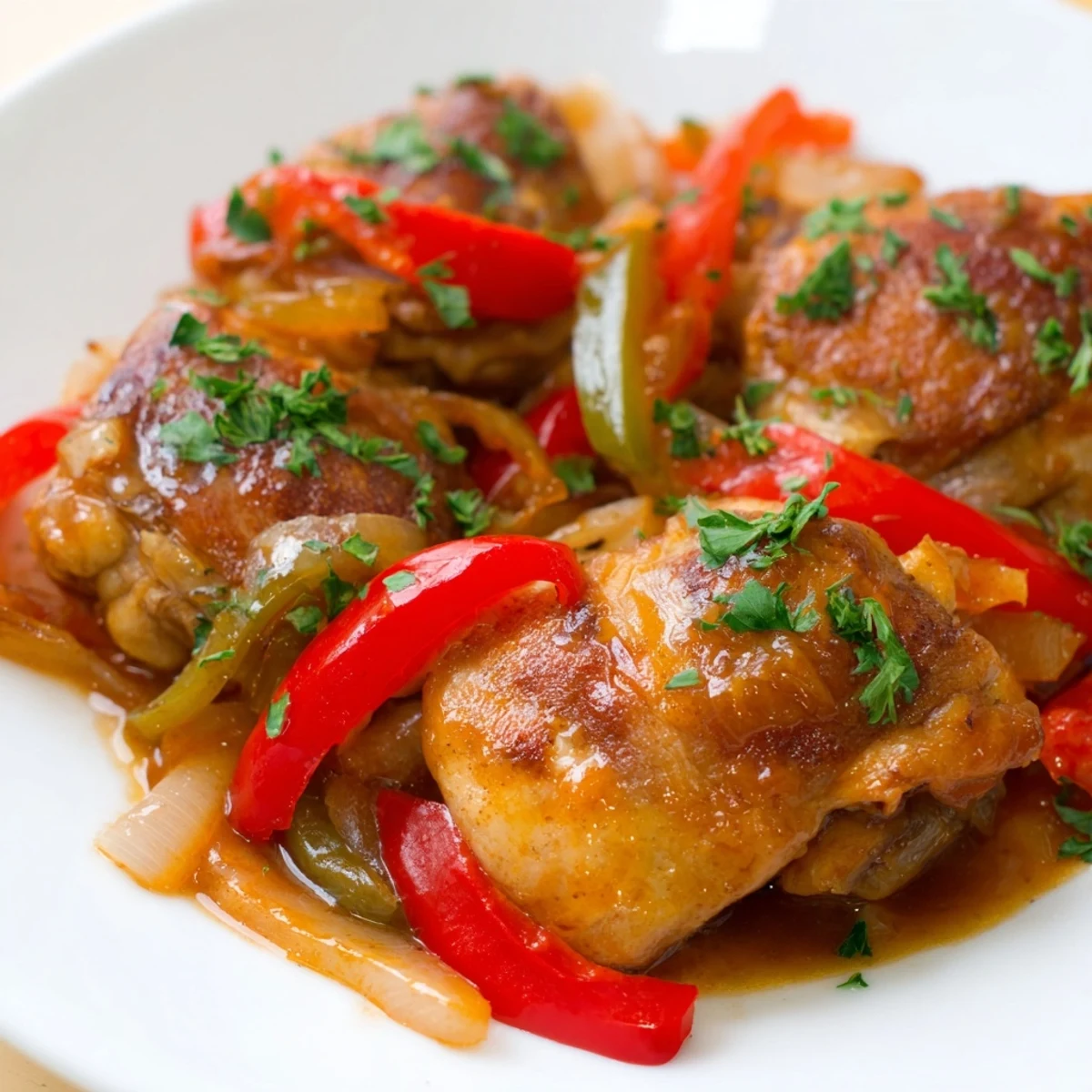A serving of Braised Catalina Chicken over rice with parsley garnish on a plate.