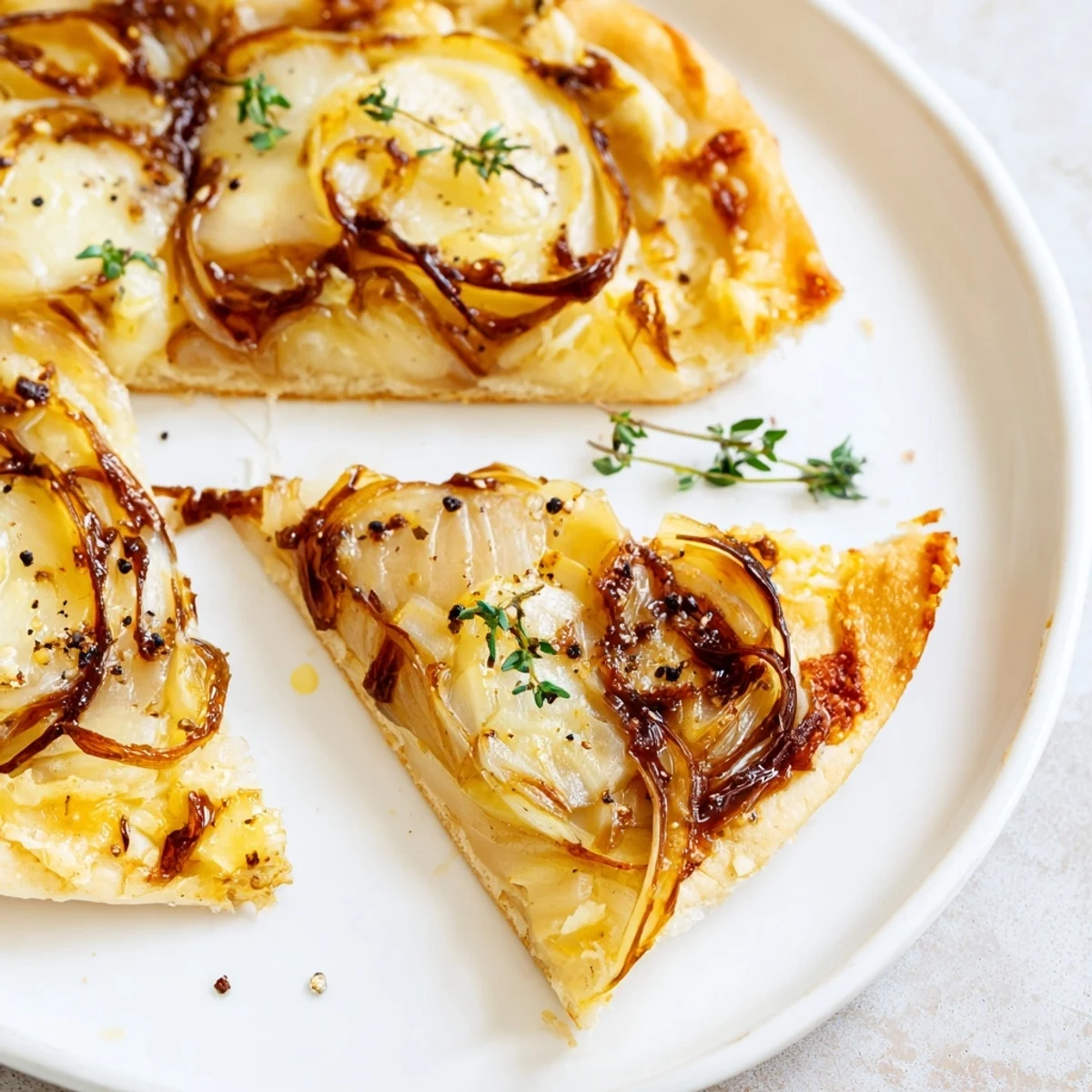 Slices of caramelized onion pizza with melty cheese served on a white plate with fresh thyme.  