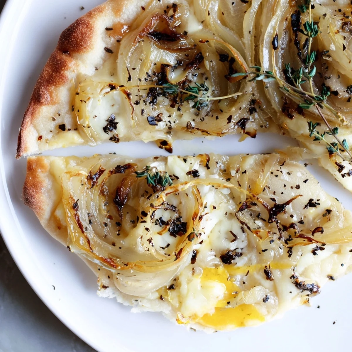 A close-up of caramelized onion pizza with melty cheese bubbling on a rustic wooden board.  