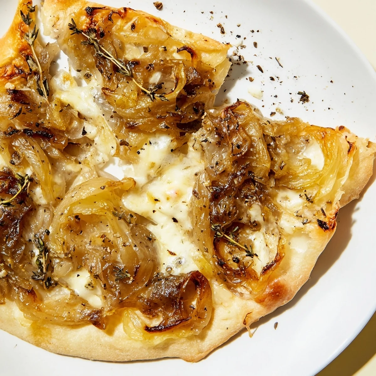 Overhead view of caramelized onion pizza with melty cheese on a marble countertop beside a wine glass.