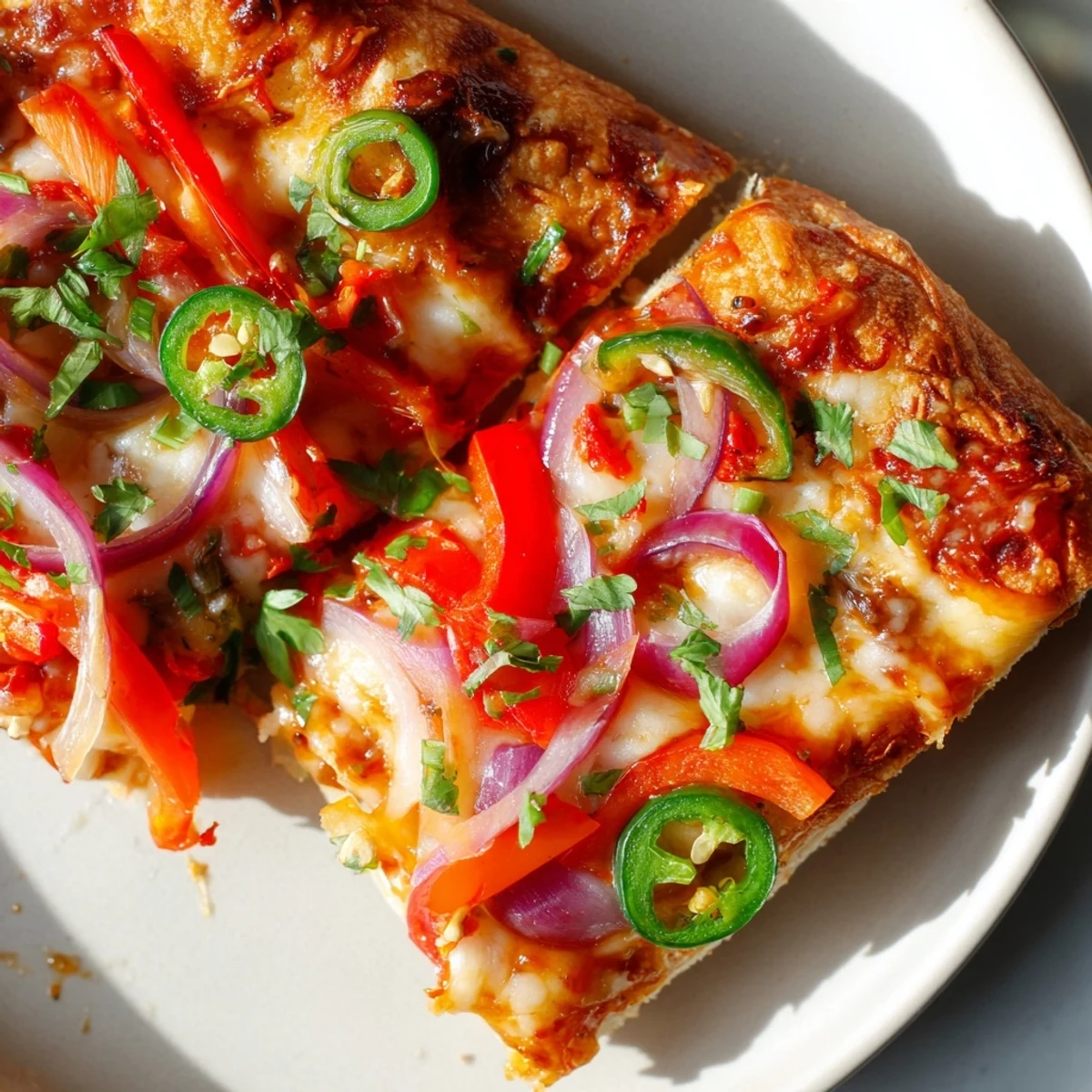 A close-up of a Sweet Heat Honey Garlic Flatbread Pizza with melted mozzarella and fresh cilantro garnish.
