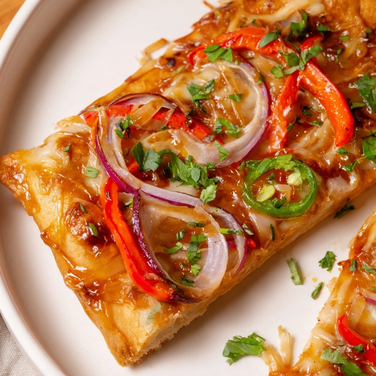 Golden-brown Sweet Heat Honey Garlic Flatbread Pizza fresh from the oven, topped with red onion and jalapeños.