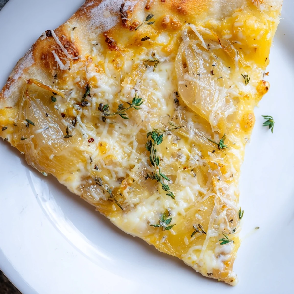 A close-up of golden Caramelized Onion Pizza With Melty Cheese, bubbling on a rustic wooden board with fresh basil garnish.