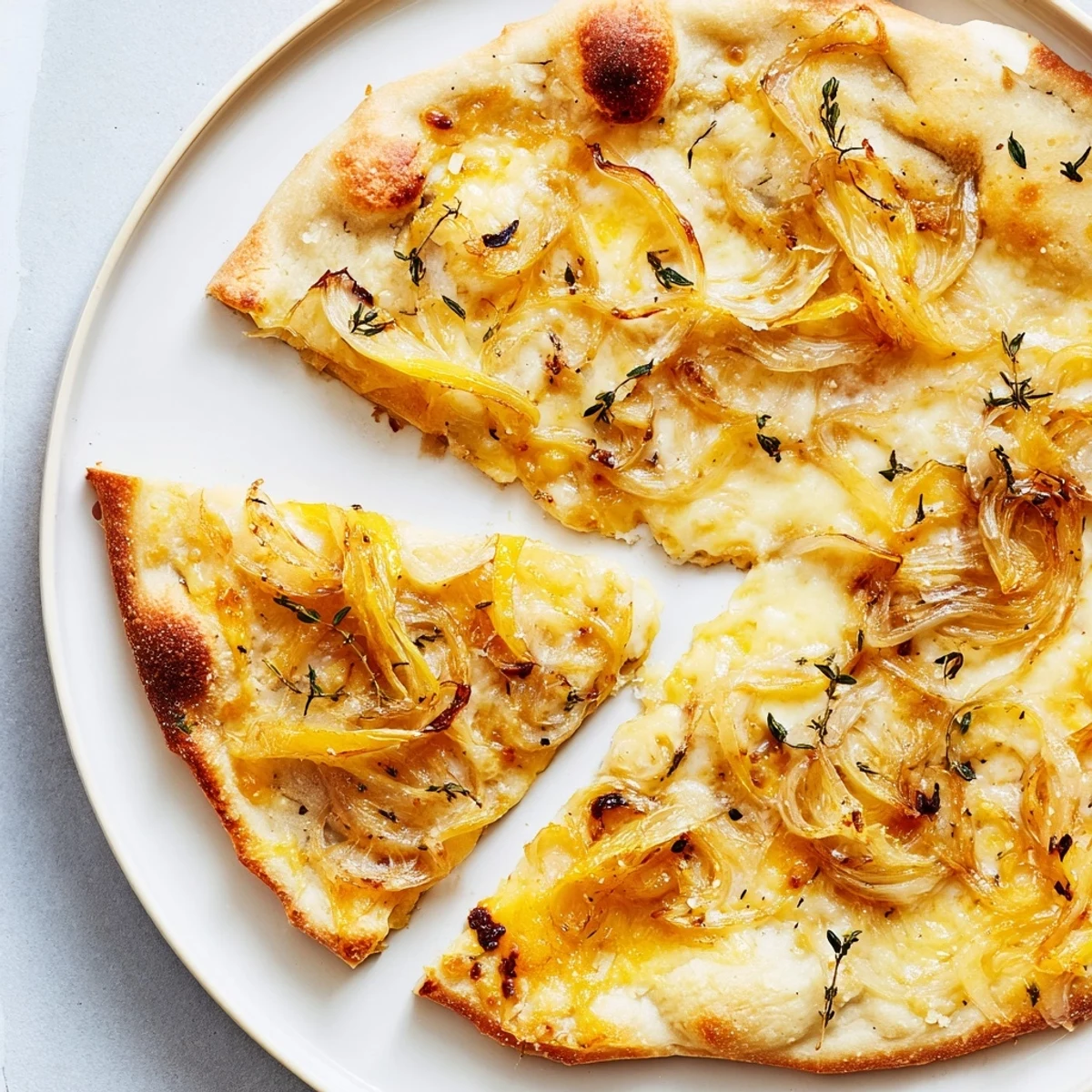 The crispy crust of Caramelized Onion Pizza With Melty Cheese showcases sweet browned onions and gooey mozzarella, ready to slice.