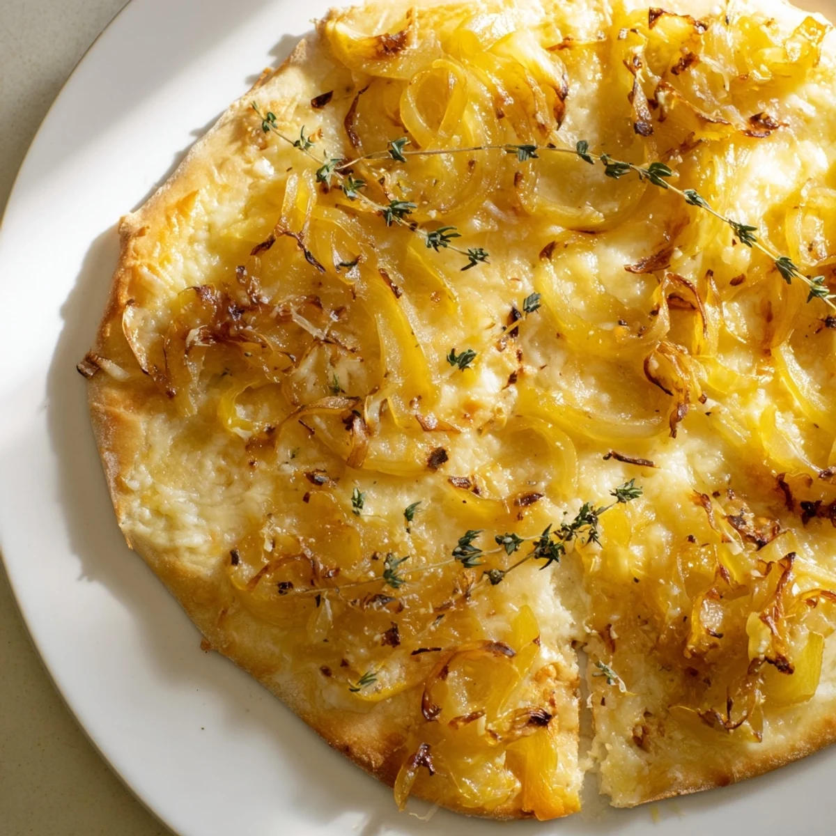 A rectangular serving of Caramelized Onion Pizza With Melty Cheese on a white plate, next to a glass of white wine.