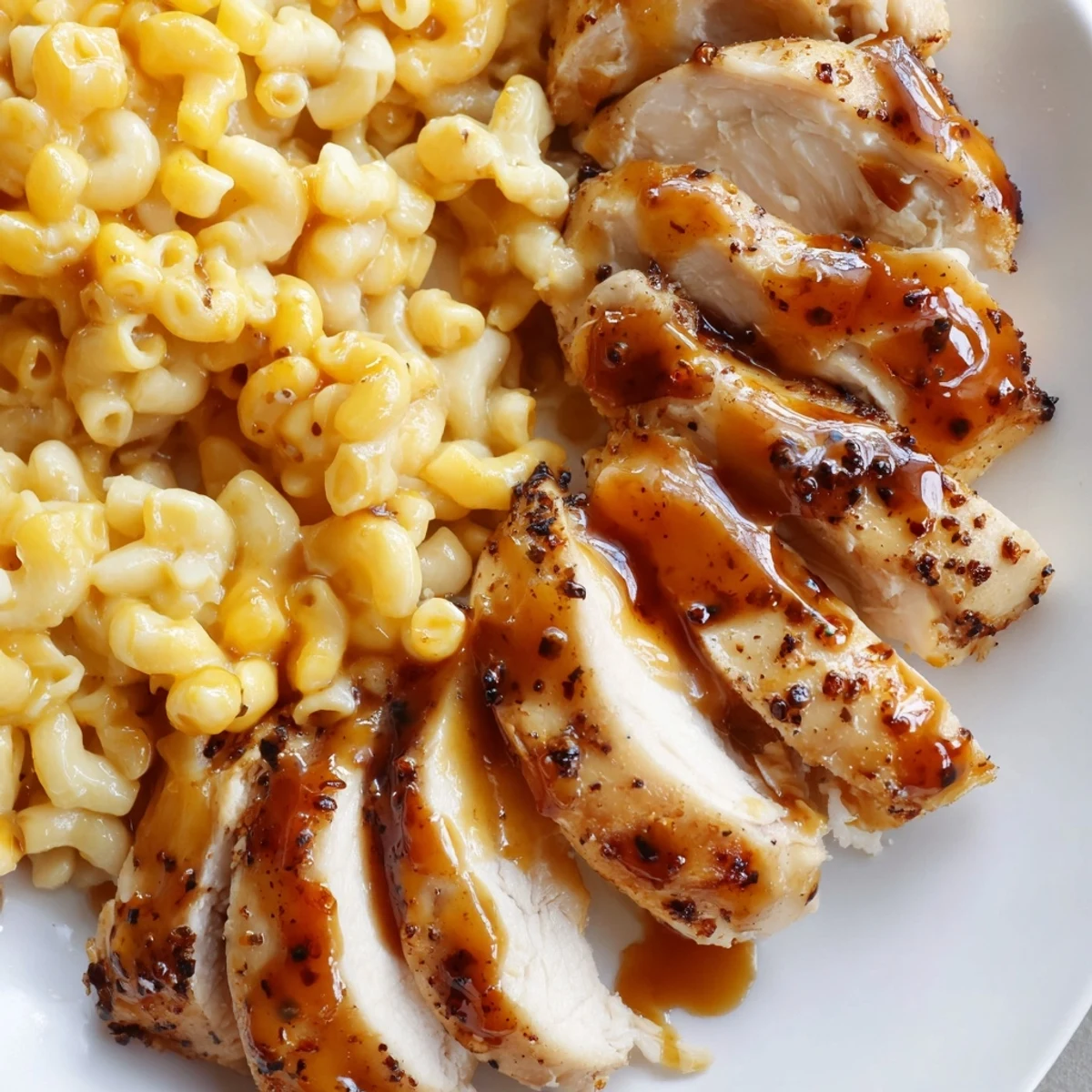 A close-up of Sweet and Spicy Honey Pepper Chicken with Creamy Mac and Cheese, melted cheddar and mozzarella on pasta.