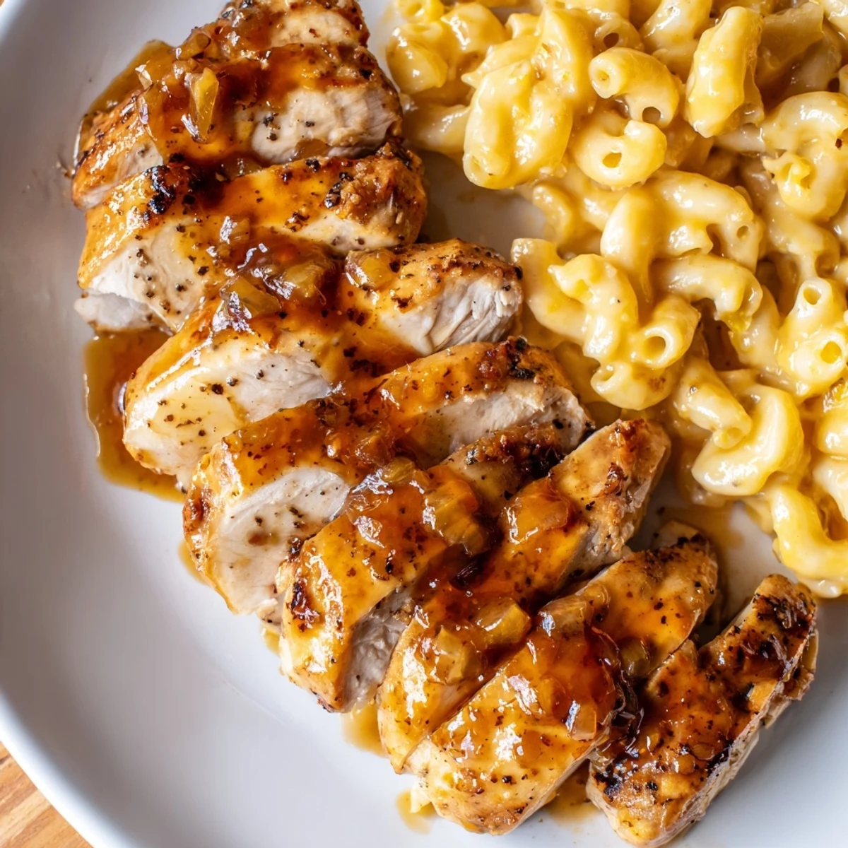 Juicy chicken glazed in sweet and spicy honey pepper sauce, paired with creamy mac and cheese on a white plate.