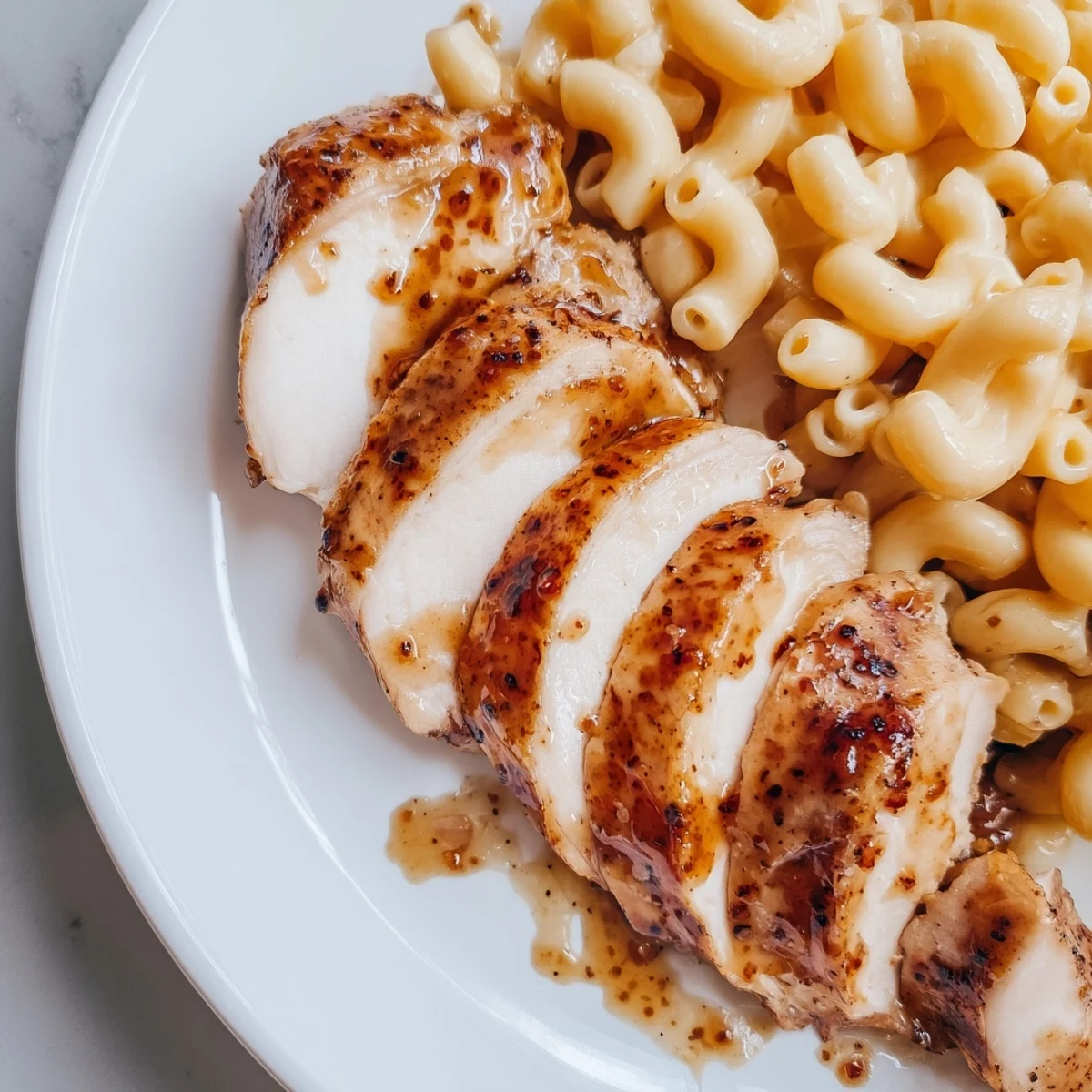 Sliced Sweet and Spicy Honey Pepper Chicken served next to a creamy bowl of homemade mac and cheese for dinner.