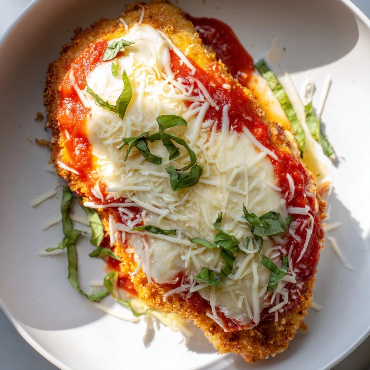 Golden-brown Chicken Parmesan Pizza with marinara sauce and red pepper flakes on parchment.