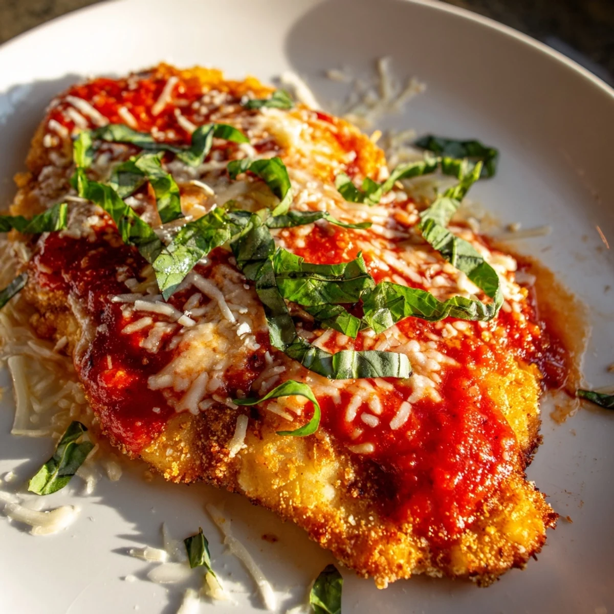 Crispy fried Chicken Parmesan Pizza topped with melted mozzarella and fresh basil leaves.