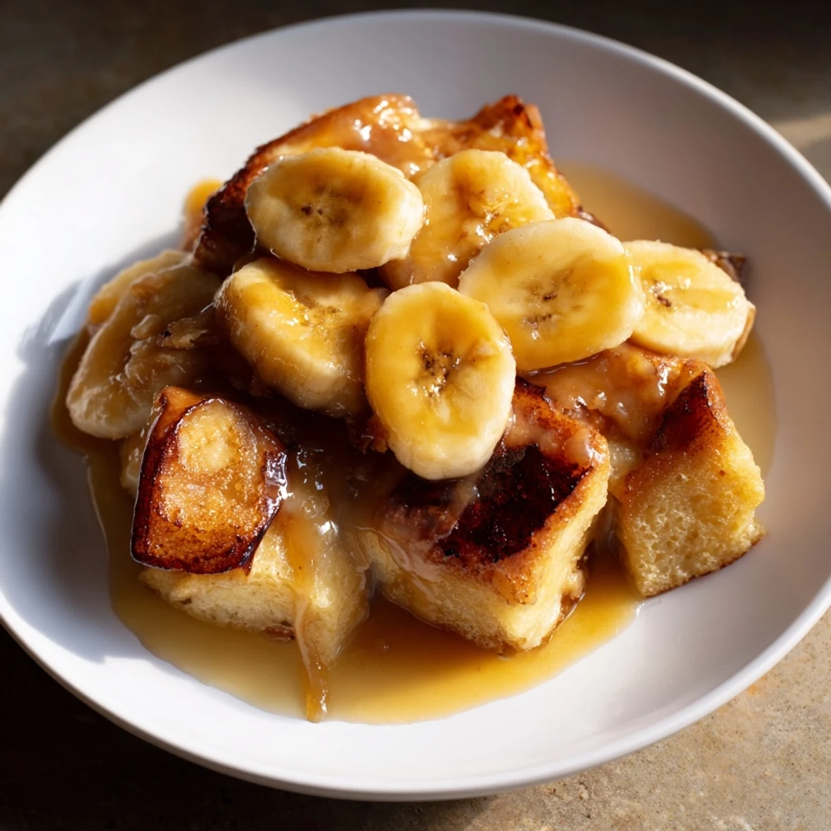 Golden slices of Creamy Bananas Foster Bread Pudding glisten with a rich rum-butter sauce in a rustic baking dish.  