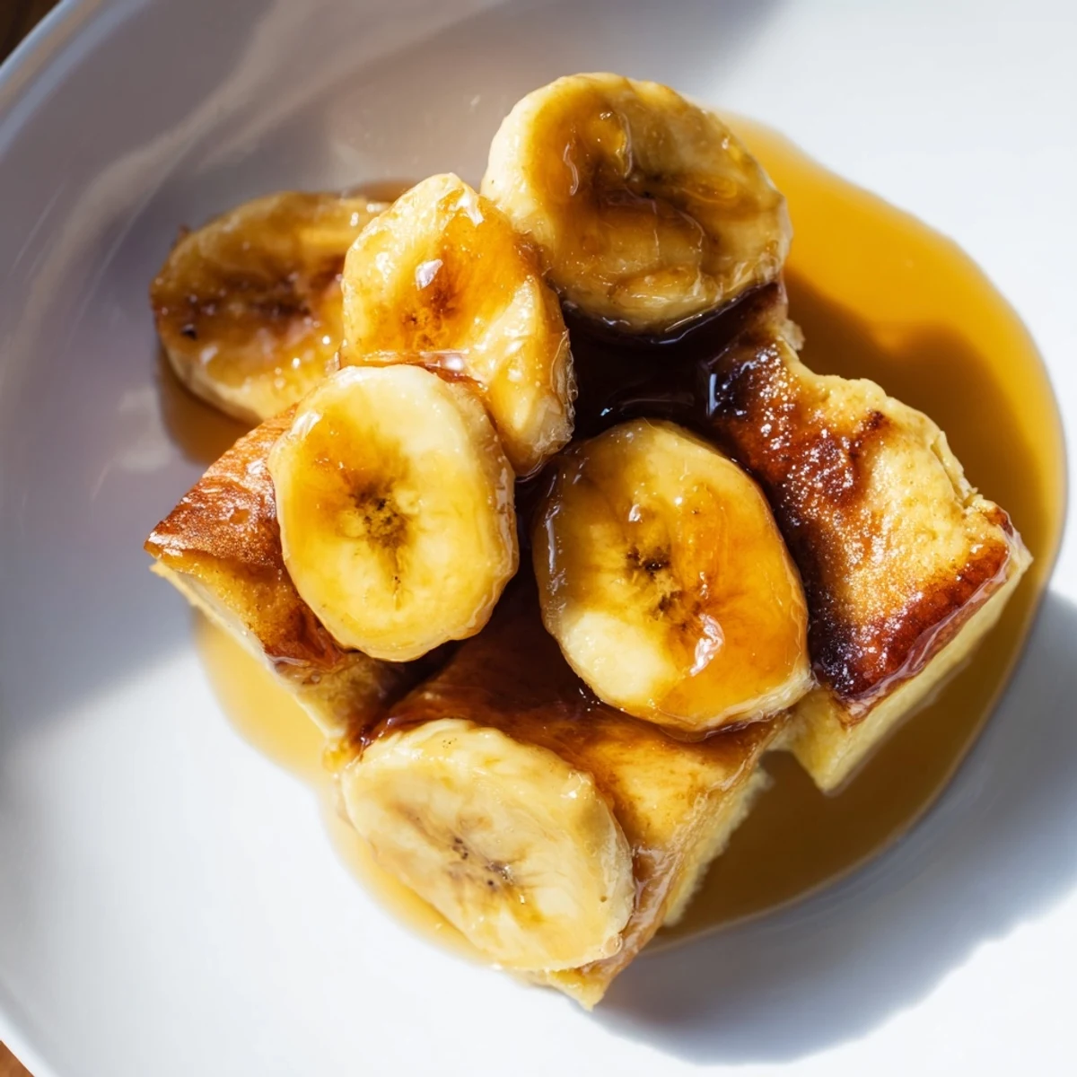 A close-up shows creamy bread pudding topped with caramelized bananas and a scoop of vanilla ice cream melting.  
