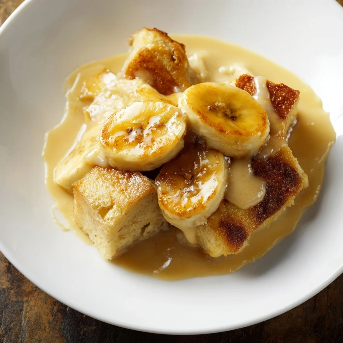 The dessert is served warm in a bowl, with a luscious brown sugar sauce drizzled over tender banana slices.