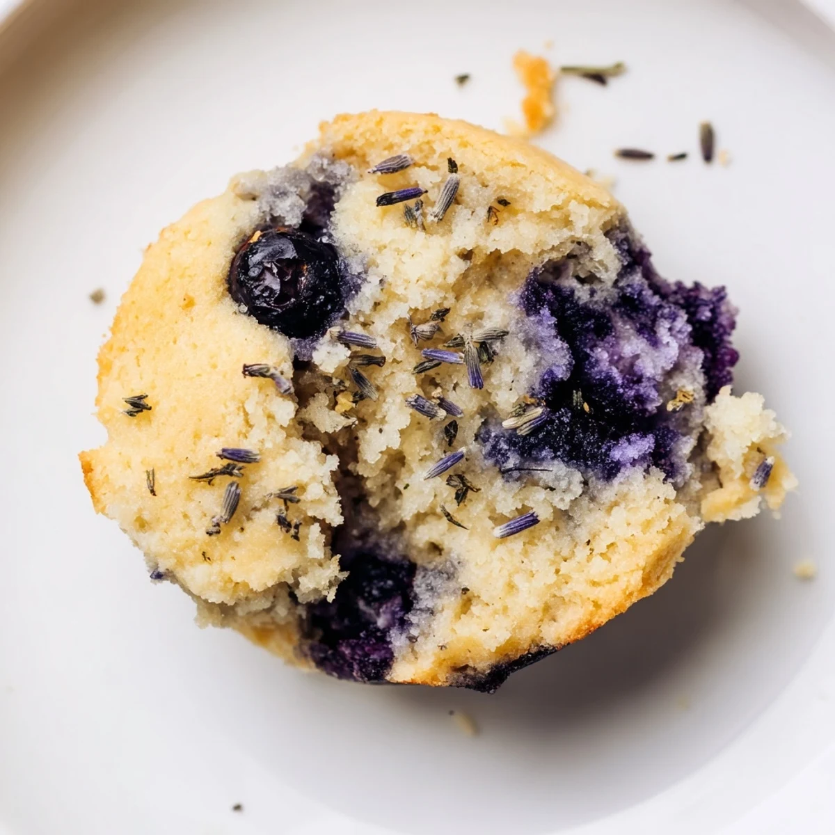 A close-up of Lavender Blueberry Tea Cakes on a cooling rack with a drizzle of lemon glaze.