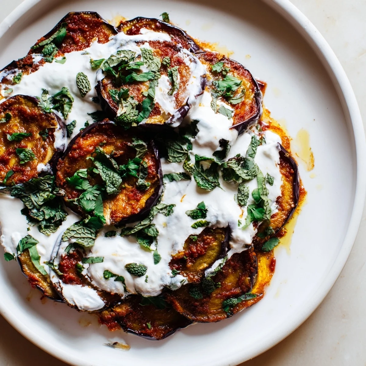 A close-up of Borani Banjan, topped with fresh cilantro and dried mint alongside fluffy naan.