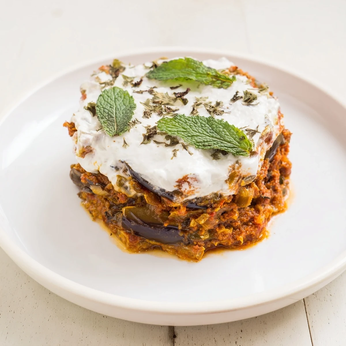 Golden-fried eggplant rounds layered with spiced tomato sauce and creamy Greek yogurt in Borani Banjan.