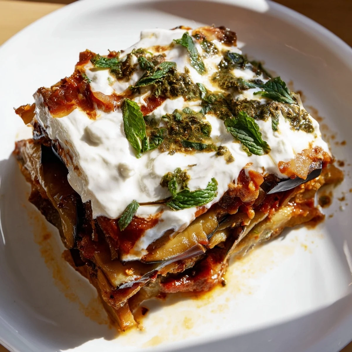 Afghan Borani Banjan served in a shallow dish with glossy tomato sauce and tangy yogurt topping.