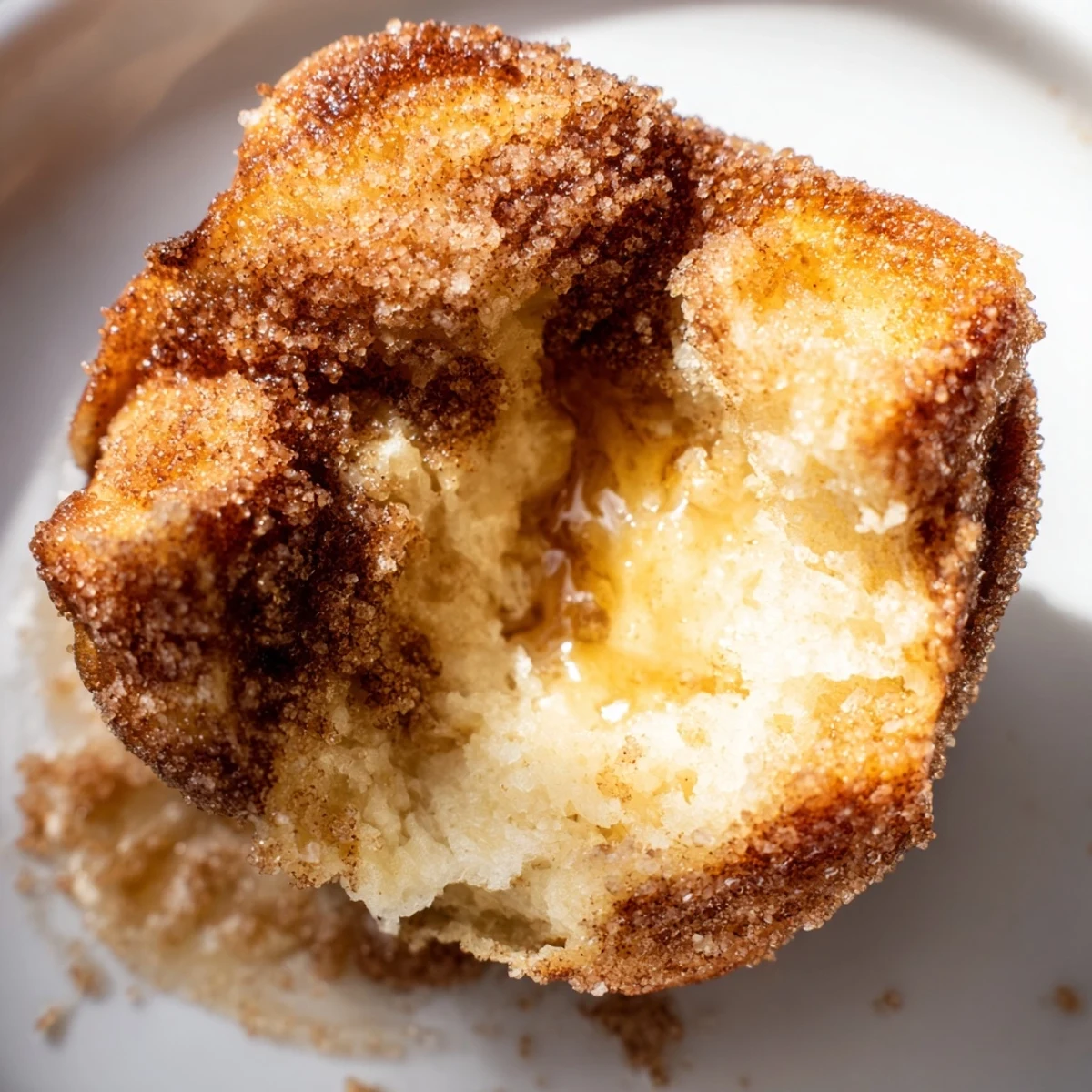 A close-up of golden-brown Cinnamon Sugar French Toast Muffins, glistening with butter and sugar on a rustic wooden table.