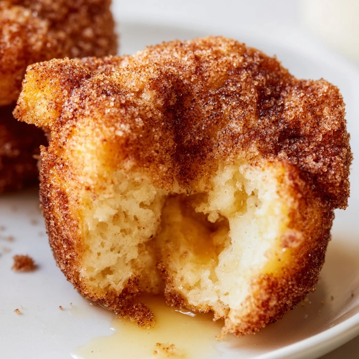 Warm Cinnamon Sugar French Toast Muffins are arranged on a white plate, ready to be served with maple syrup drizzle.