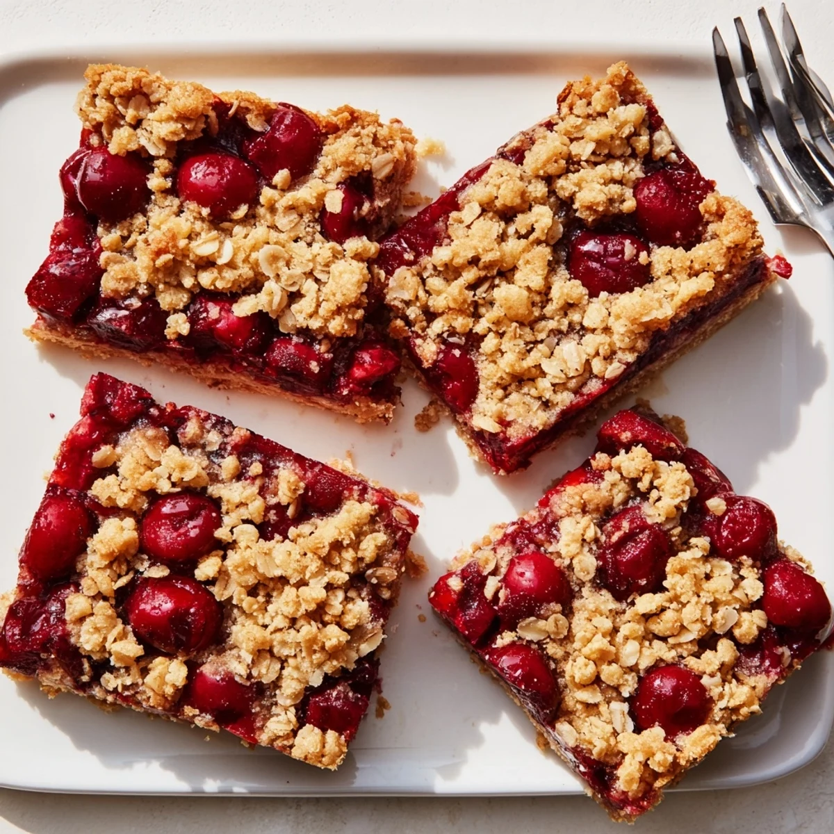 A close-up of Easy Tasty Cherry Crumble Bars reveals buttery crust layers and a sweet, bubbling cherry center.