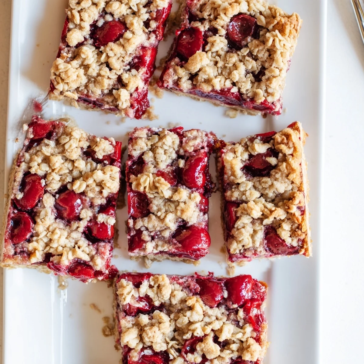 Sliced Easy Tasty Cherry Crumble Bars are arranged on a plate, ready for a delicious dessert or afternoon snack.