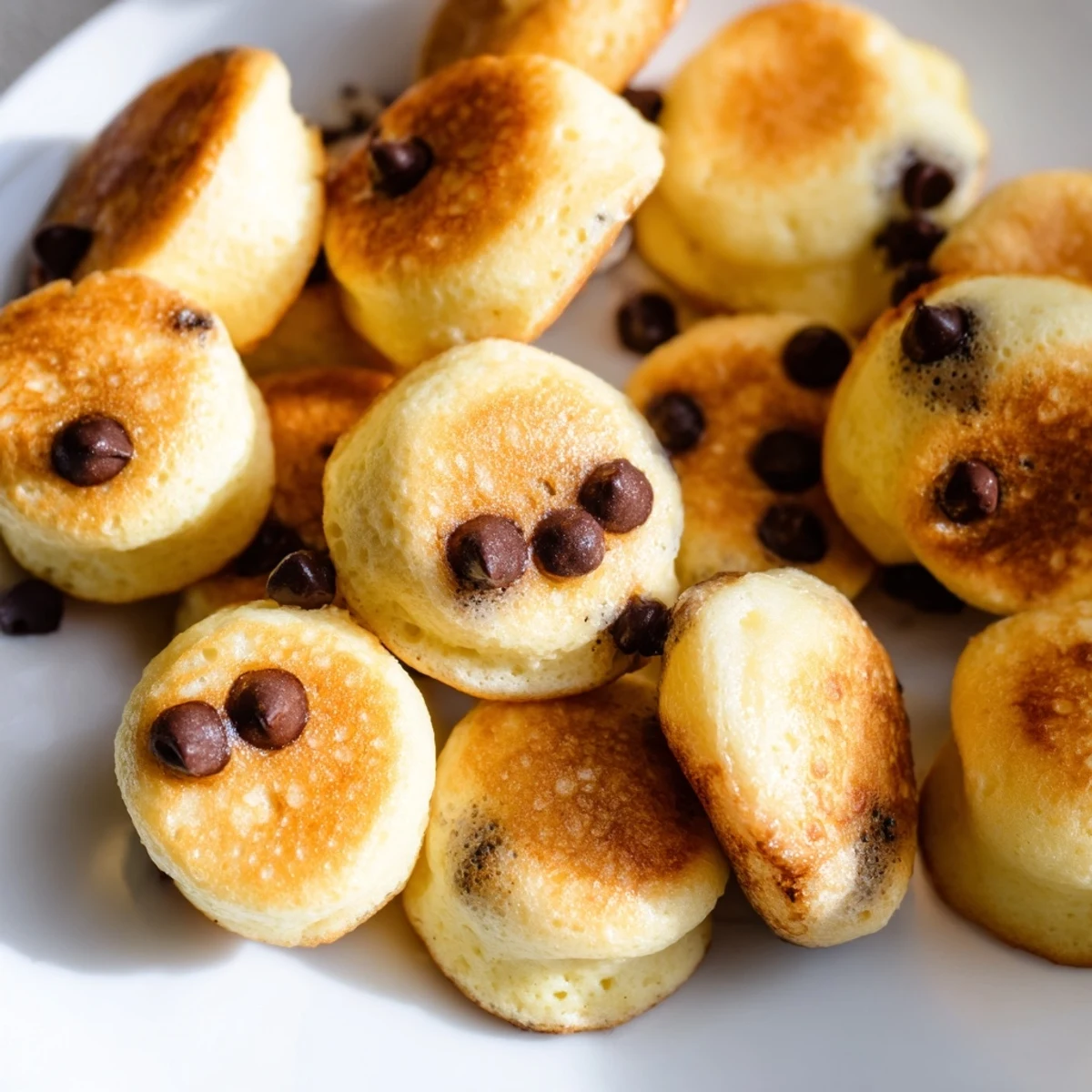 Fluffy pancake poppers on a plate with maple syrup drizzle for a sweet breakfast treat.