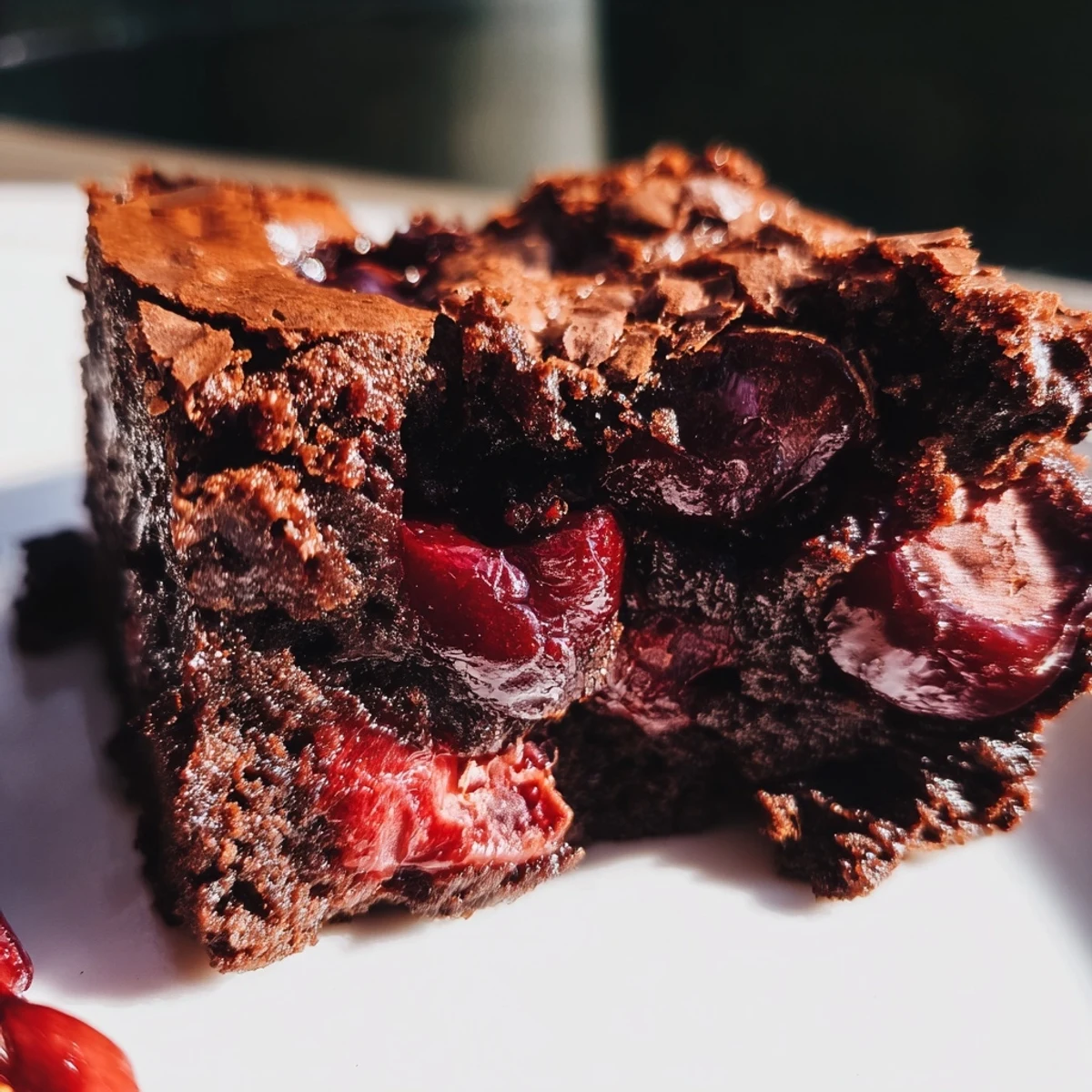 A warm slice of Roasted Cherry Brownies beside a scoop of vanilla ice cream.