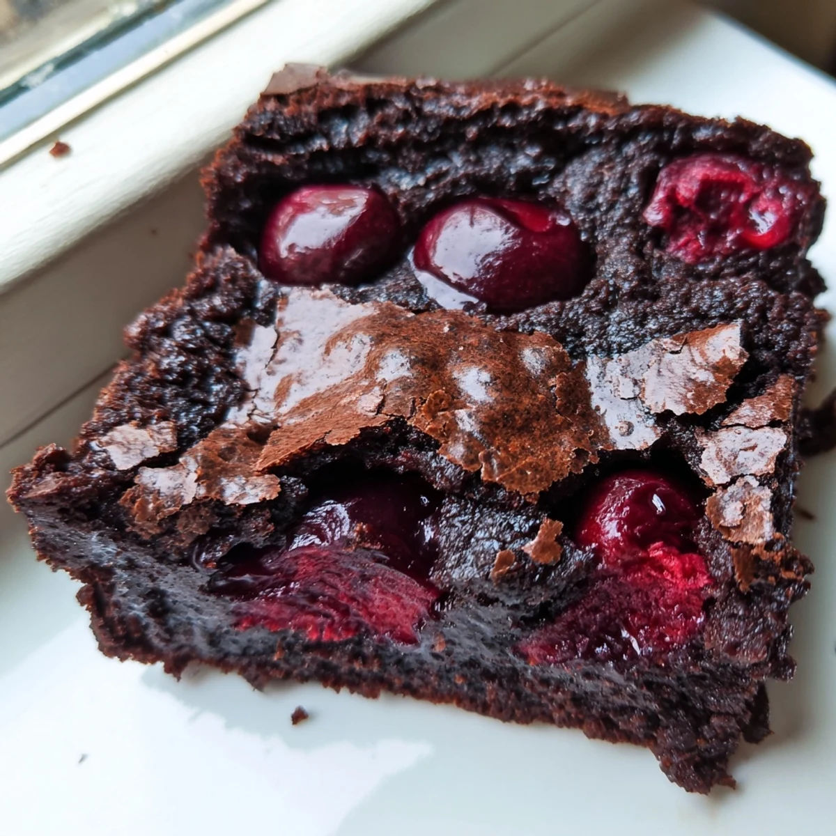 Fudgy Roasted Cherry Brownies with glossy melted chocolate and ruby roasted cherries on top.