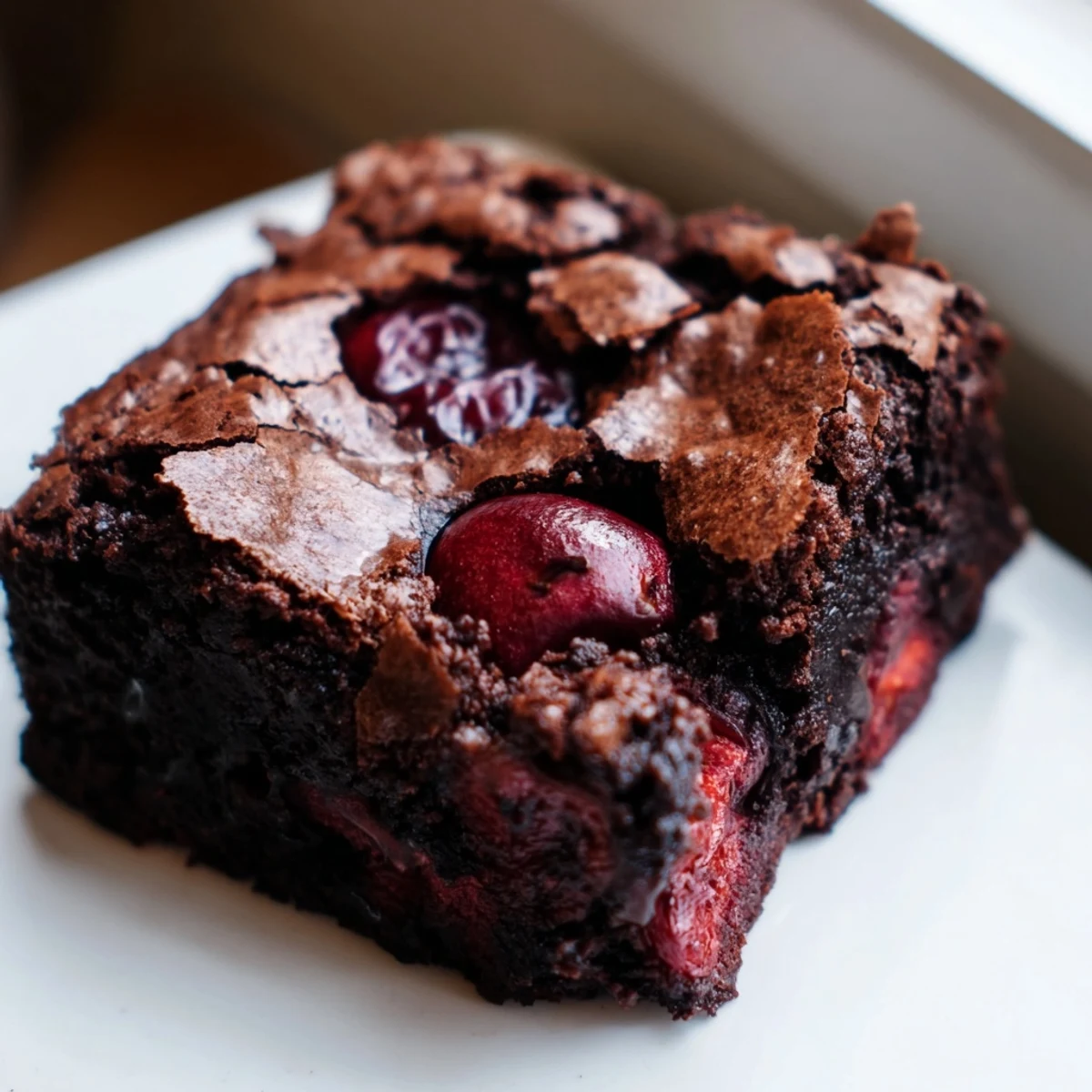 Gooey Roasted Cherry Brownies studded with caramelized cherries on a rustic white plate.