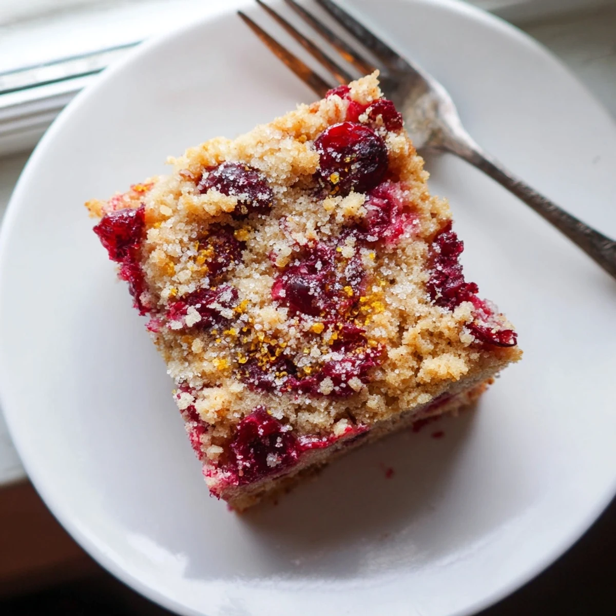 Freshly baked Cranberry Cake with vibrant red berries peeking through a golden-brown crumb, served on a rustic wooden board.