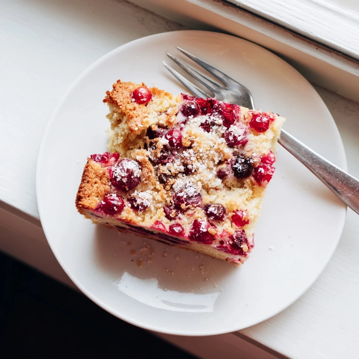 A moist slice of Cranberry Cake reveals tender crumb and tart berries, ready to enjoy with a dollop of whipped cream.