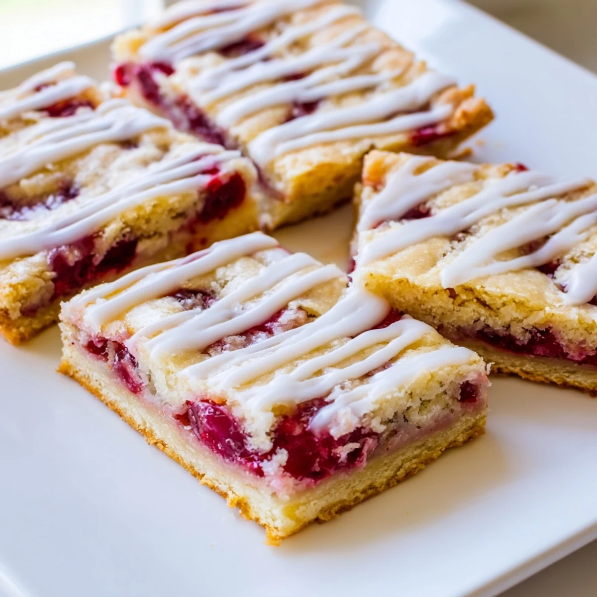 A close-up of Easy Cherry Pie Bars, golden edges, and vanilla glaze drizzle on a marble countertop.