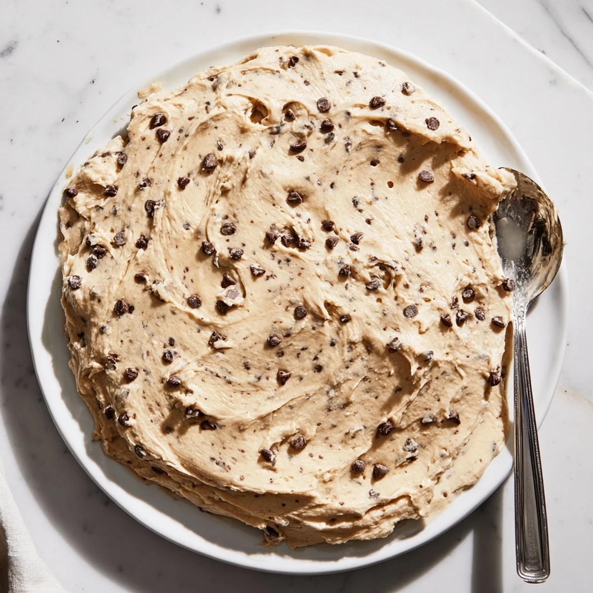 A thick spoonful of cookie dough frosting reveals mini chocolate chips and a soft, dough-like texture ideal for frosting desserts.