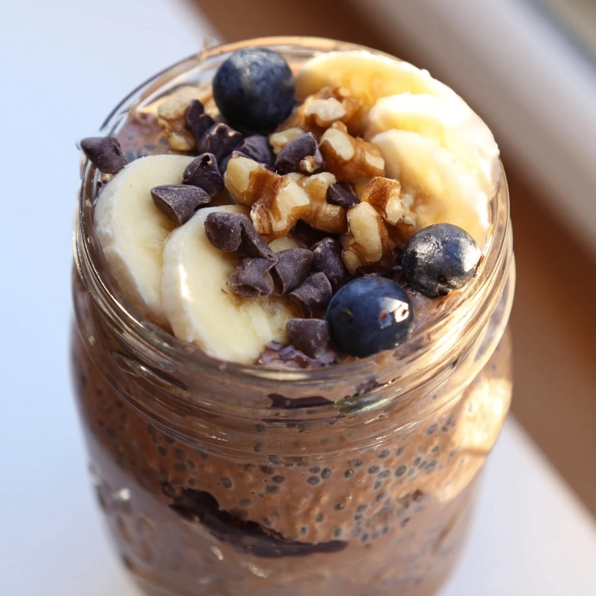 Creamy Ultimate Healthy Chocolate Overnight Oats in a glass jar topped with banana slices and nuts