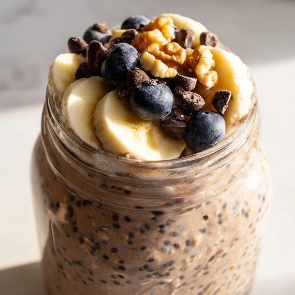 A close-up of Ultimate Healthy Chocolate Overnight Oats with chocolate chips and almonds for a hearty breakfast