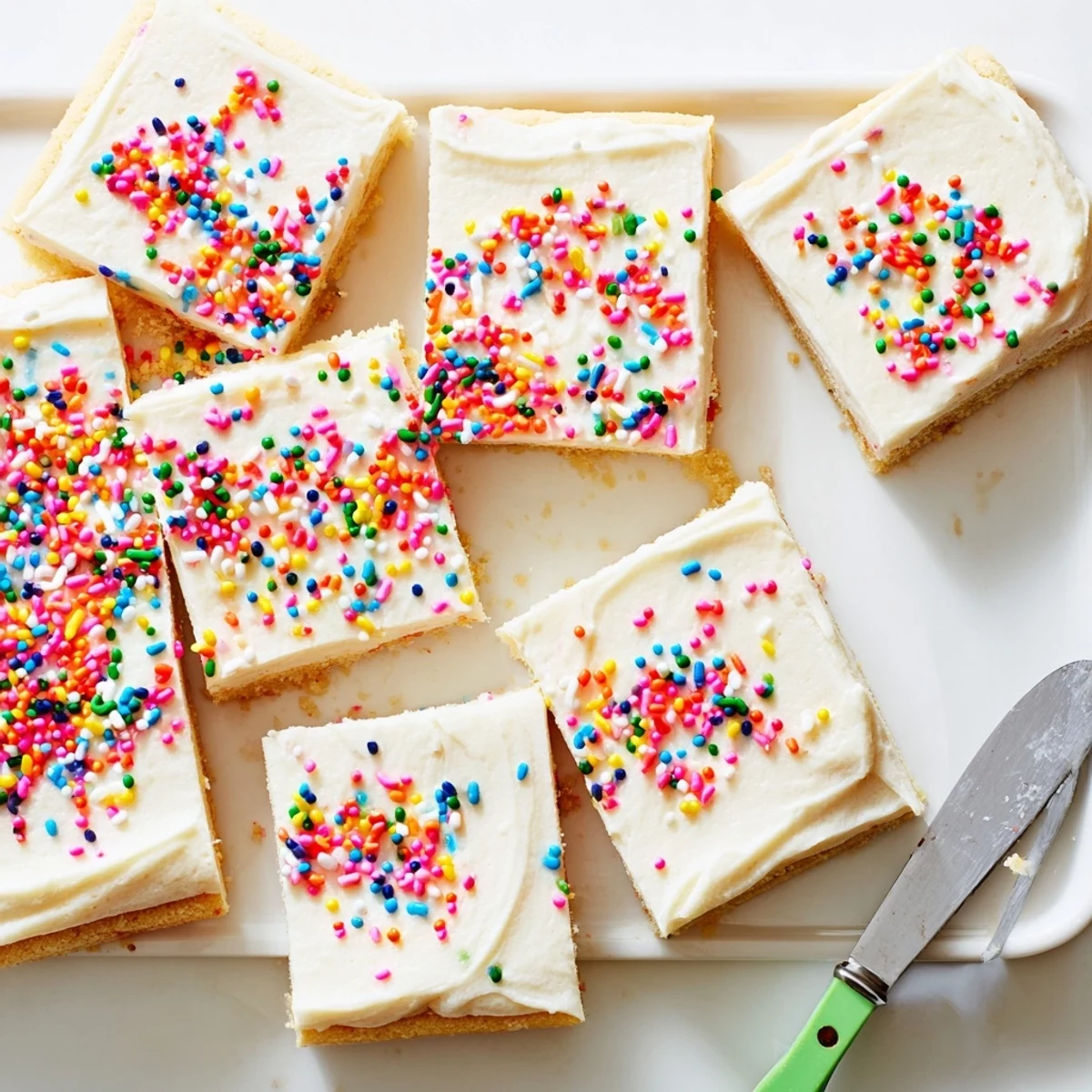 Freshly baked sugar cookie bars topped with swirls of vanilla frosting and colorful sprinkles.  