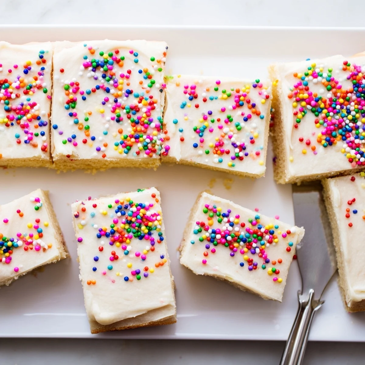 Sugar cookie bars with creamy frosting on a white plate, perfect for a party dessert tray.  