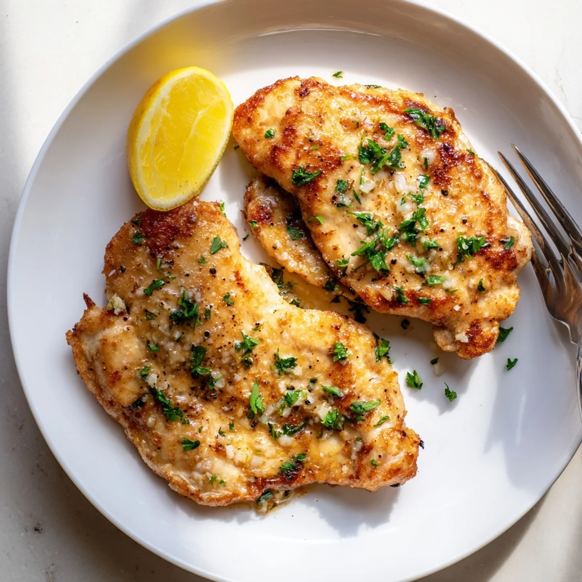 A close-up of juicy Garlic Butter Chicken served with lemon wedges and parsley, ideal for a quick dinner.