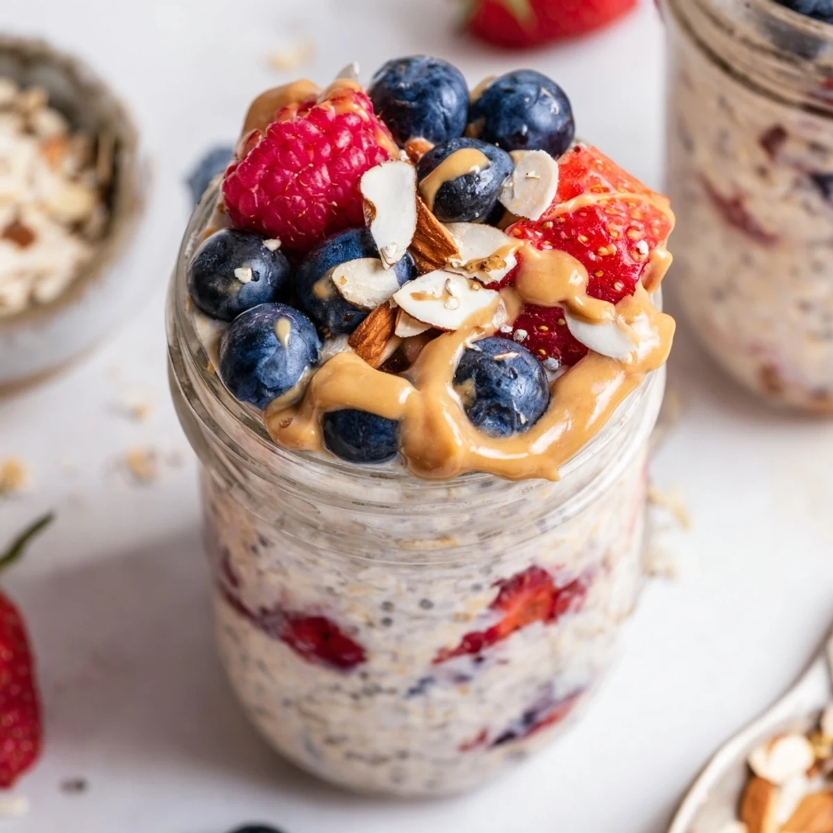 Creamy berry overnight oats with almond butter layered in a glass jar topped with fresh berries and sliced almonds.