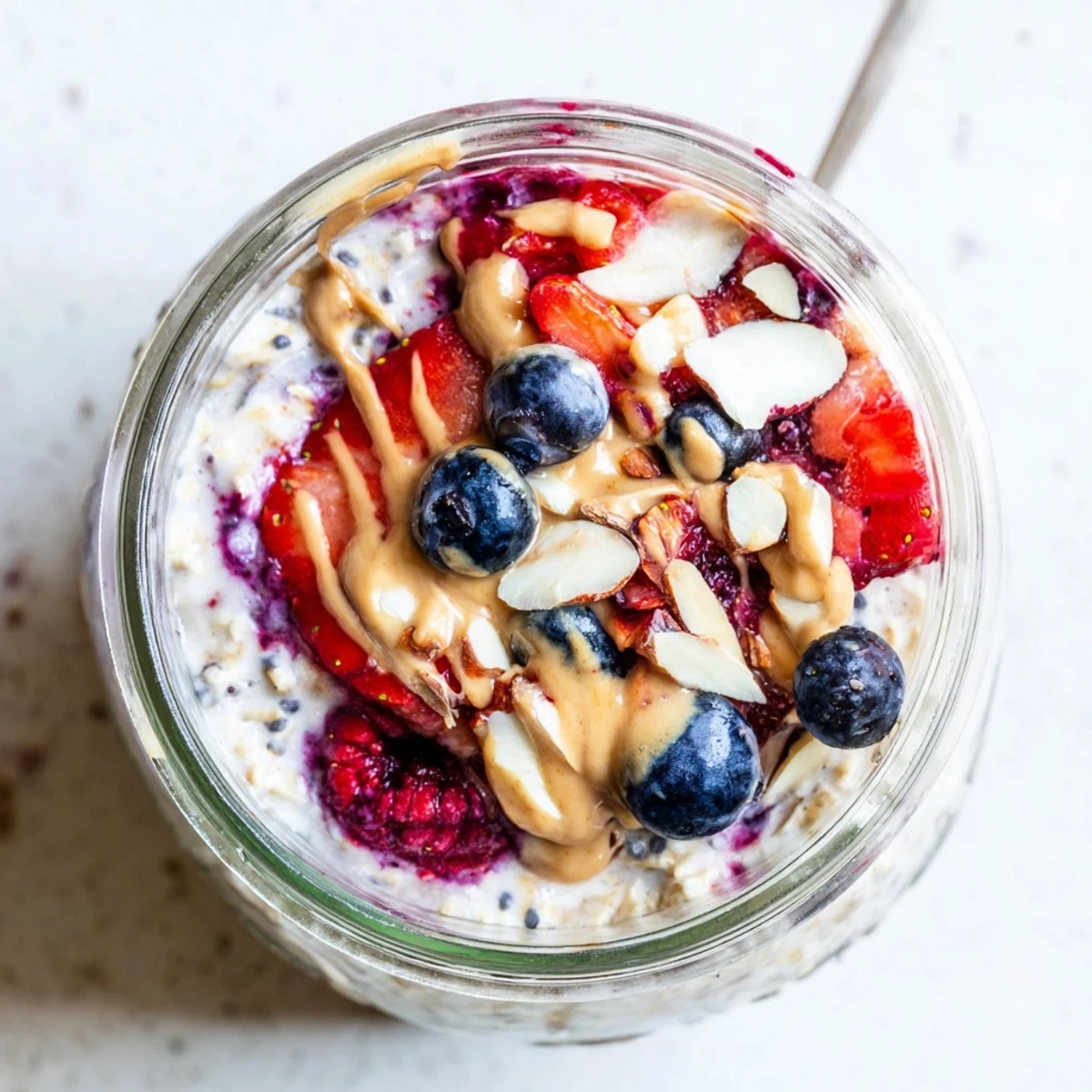 Berry overnight oats with almond butter in a mason jar beside a spoon for a healthy make-ahead breakfast.