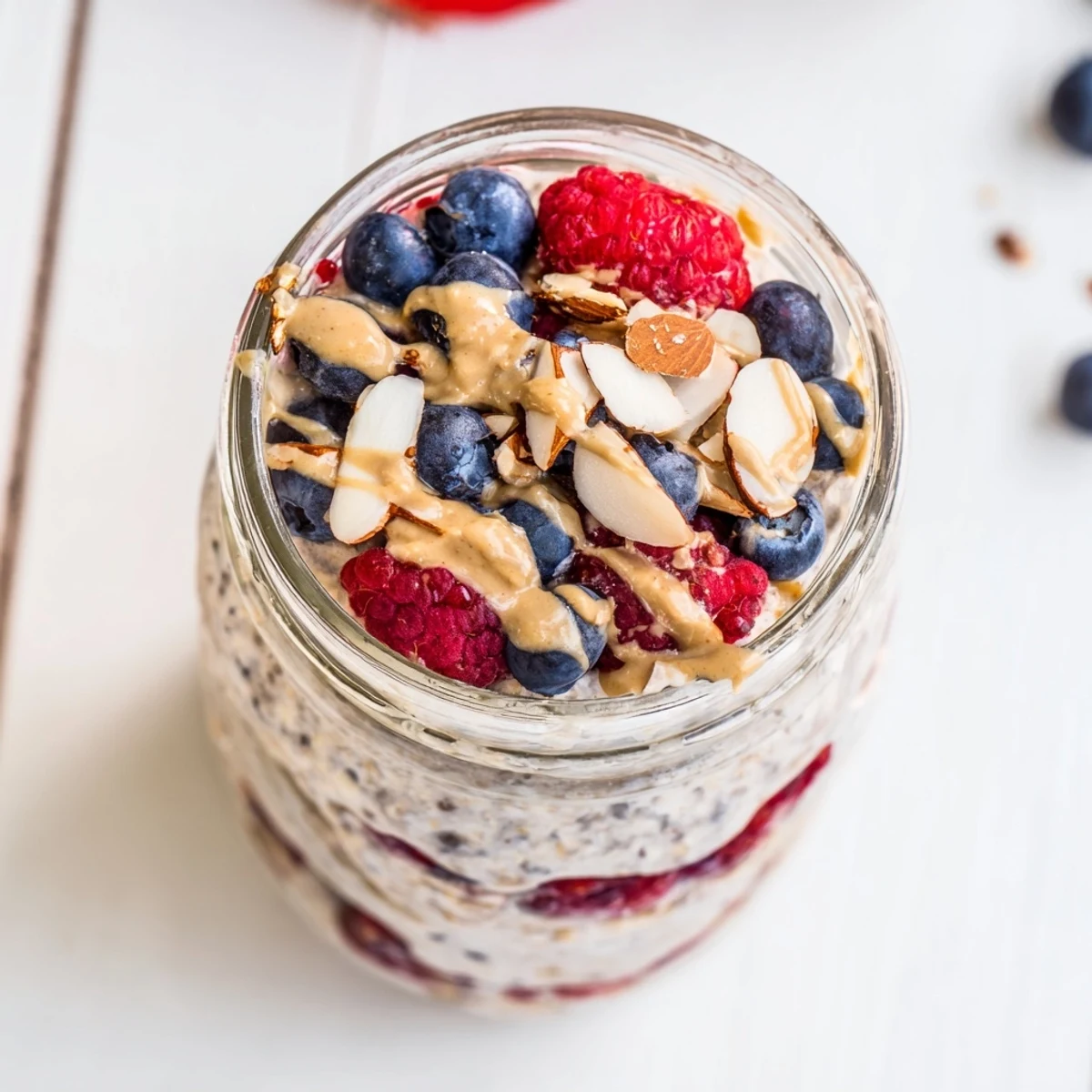A close-up of berry overnight oats with almond butter swirled through oats and berries for a tasty morning meal.