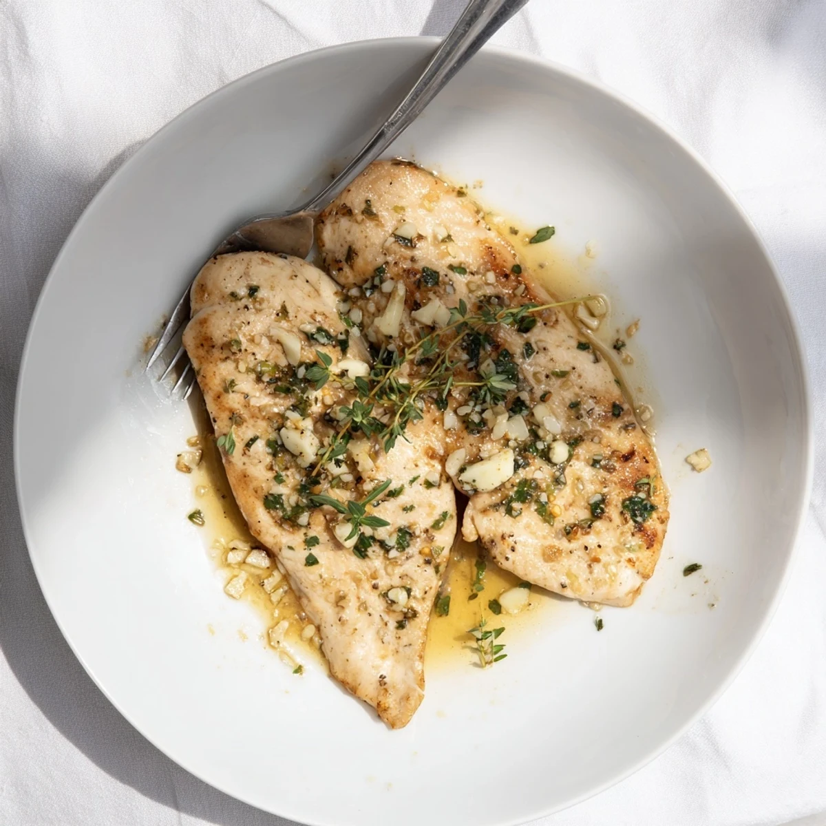 A close-up of golden-brown garlic butter chicken breasts glistening in a rich, herb-flecked sauce, ready to serve.